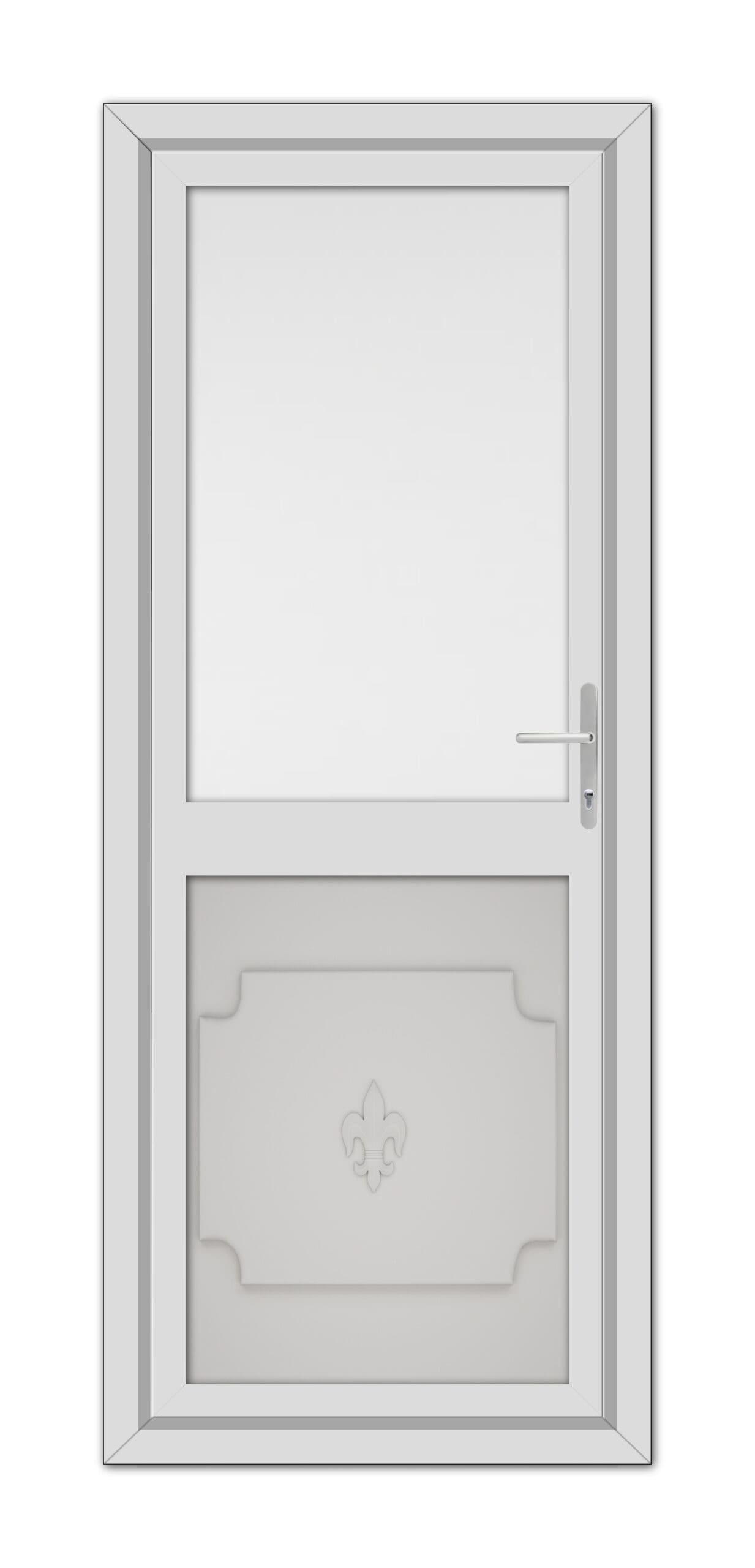 A Silver Grey Abbey Half uPVC Back Door with a decorative panel and a metal handle, set within a simple frame, viewed from the front.