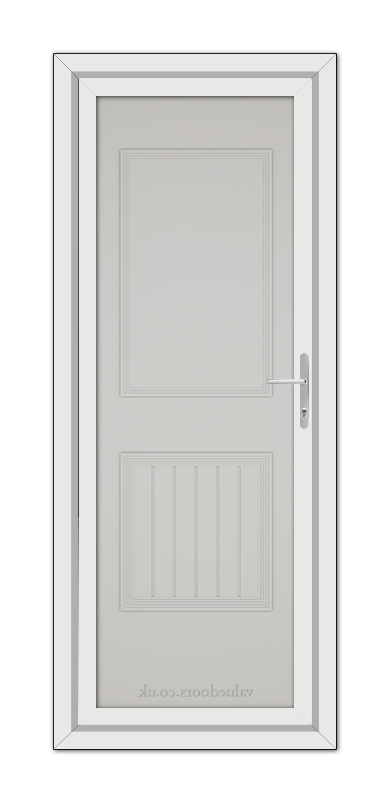 A white Silver Grey Alnwick One Solid uPVC door with a silver handle.