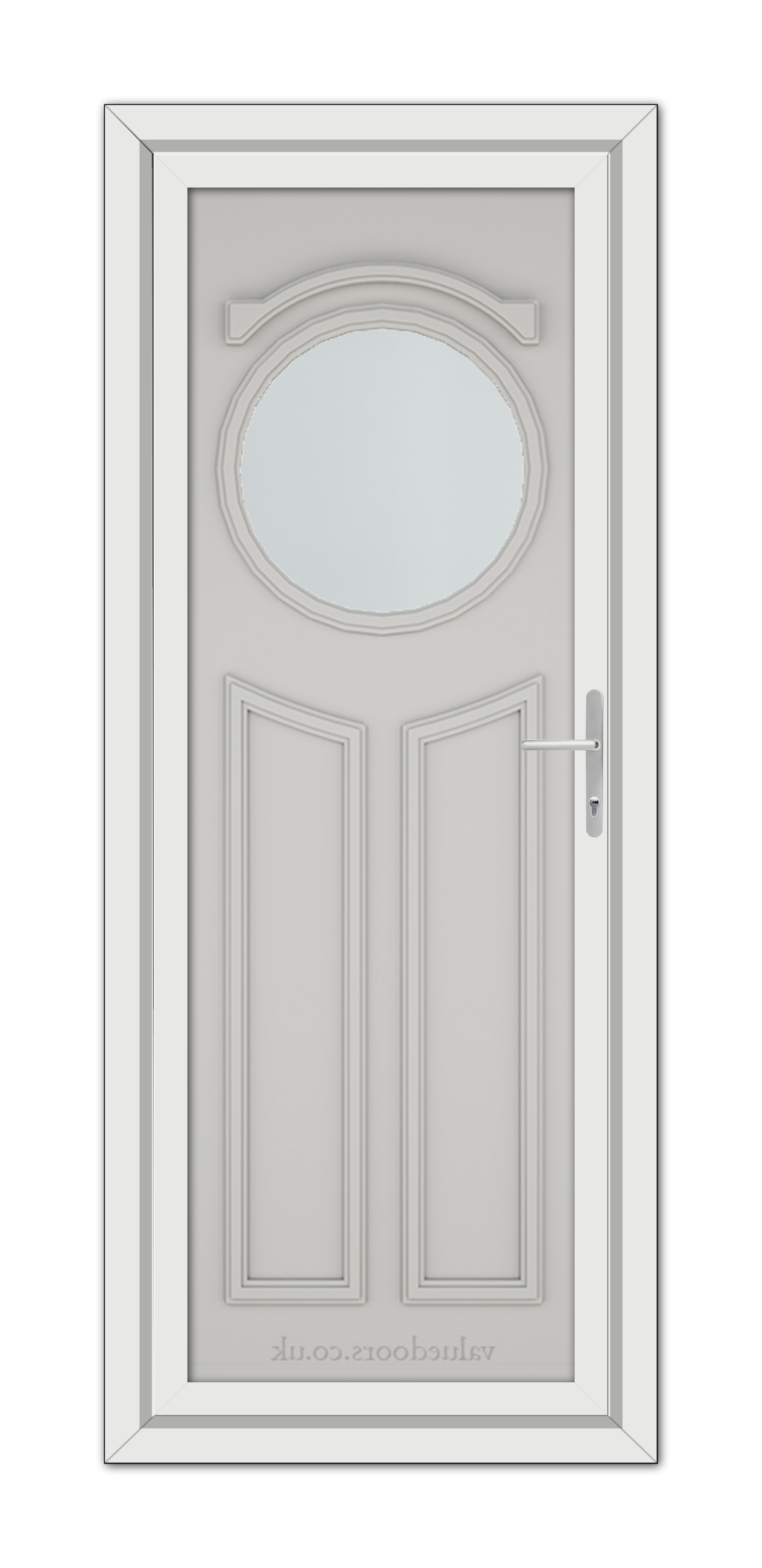 A Silver Grey Blenheim uPVC Door with a round window.