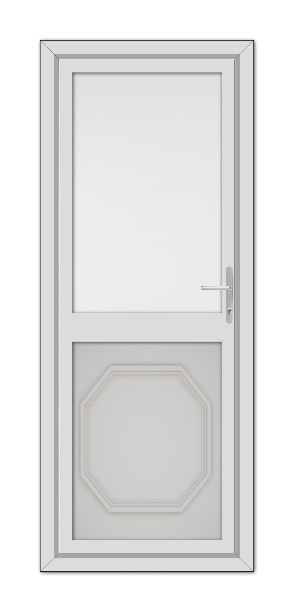 A closed modern white Silver Grey Buckingham Half uPVC Back Door featuring a small square window at the top and an octagonal design at the bottom, with a silver handle on the right side.