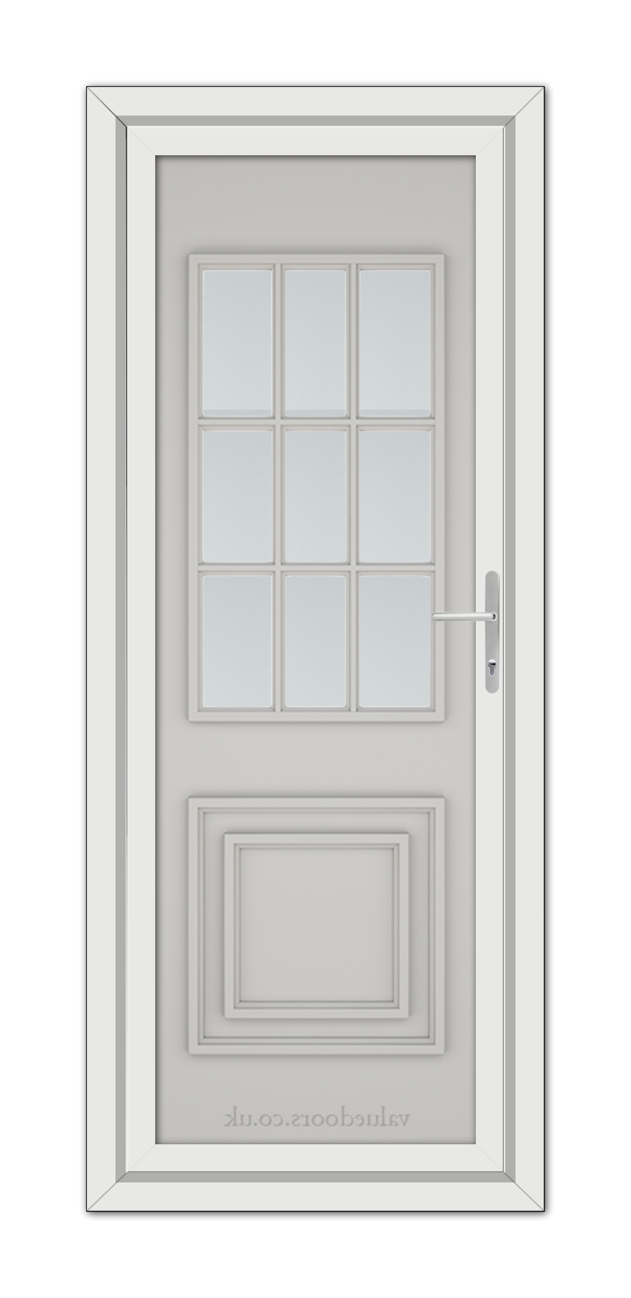 A vertical image of a closed, modern Silver Grey Cambridge One uPVC Door with a window featuring six glass panes and a metal handle.
