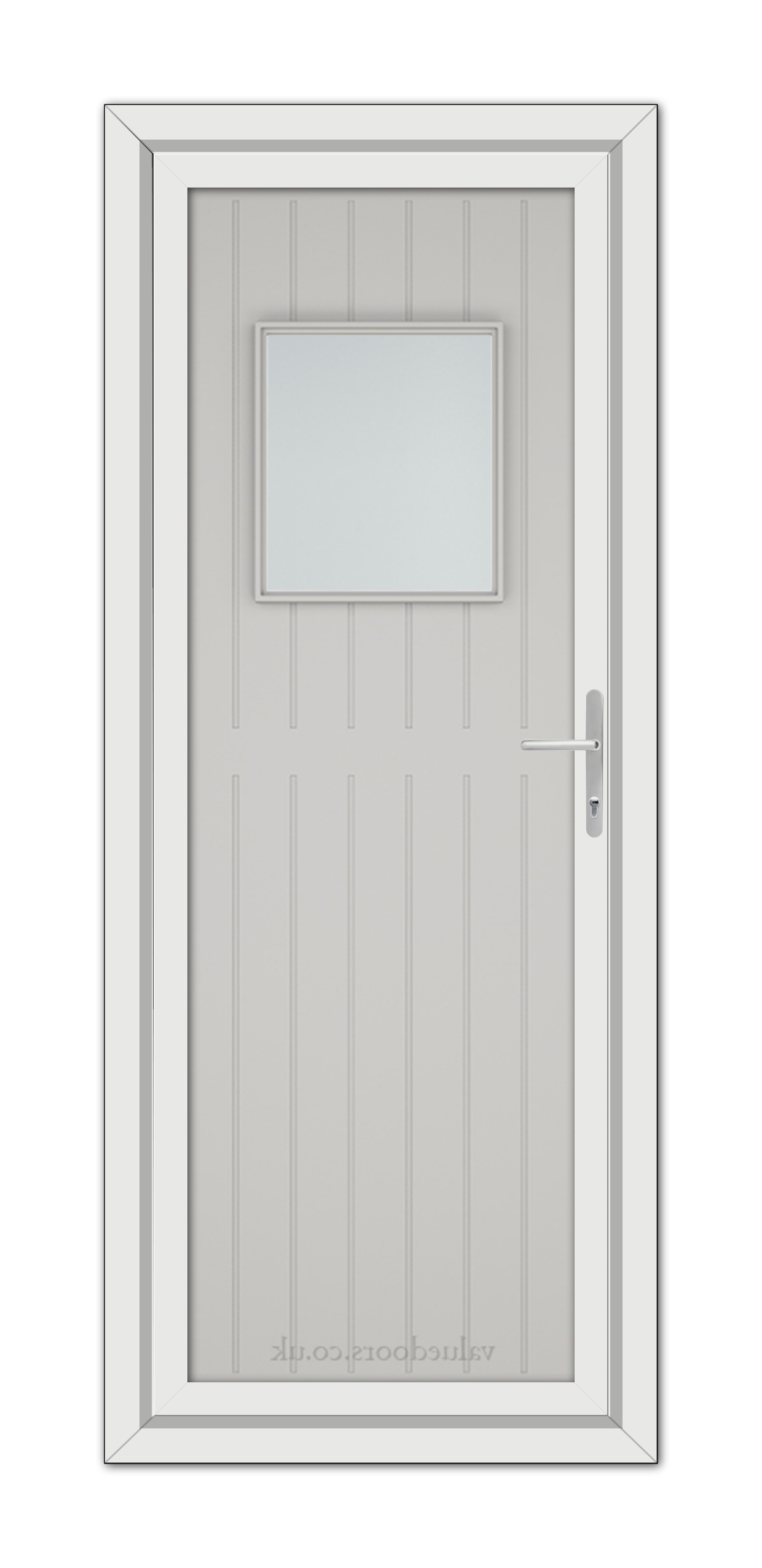 A Silver Grey Chatsworth uPVC door with a square sign.