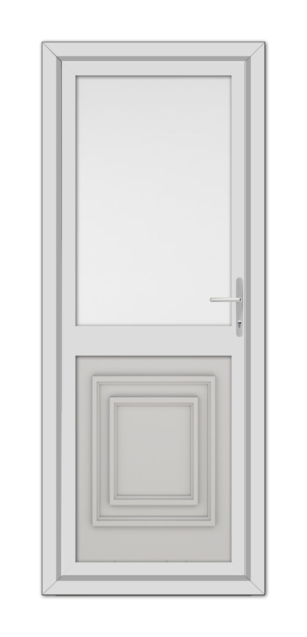 A Silver Grey Hannover Half uPVC Back Door with a modern design featuring a square window at the top and a decorative recessed panel below, equipped with a metallic handle on the right side.