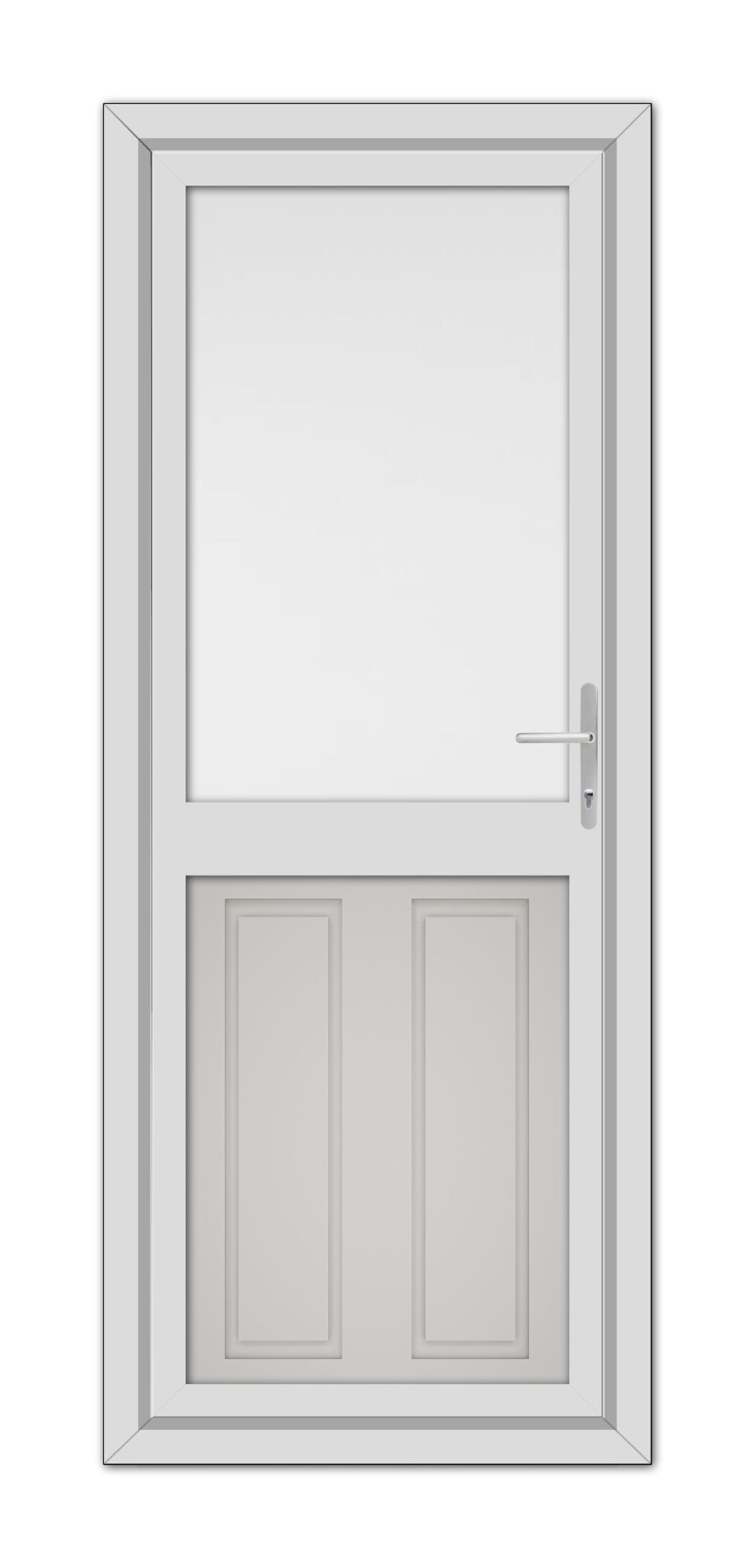 A Silver Grey Manor Half uPVC Back Door with a window at the top, two recessed panels at the bottom, and a metallic handle on the right side.
