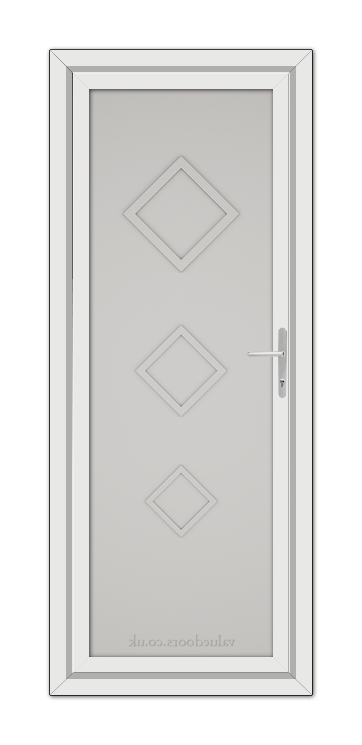 A vertical image of a Silver Grey Modern 5123 Solid uPVC door featuring three diamond-shaped panels and a metallic handle, set in a simple frame.