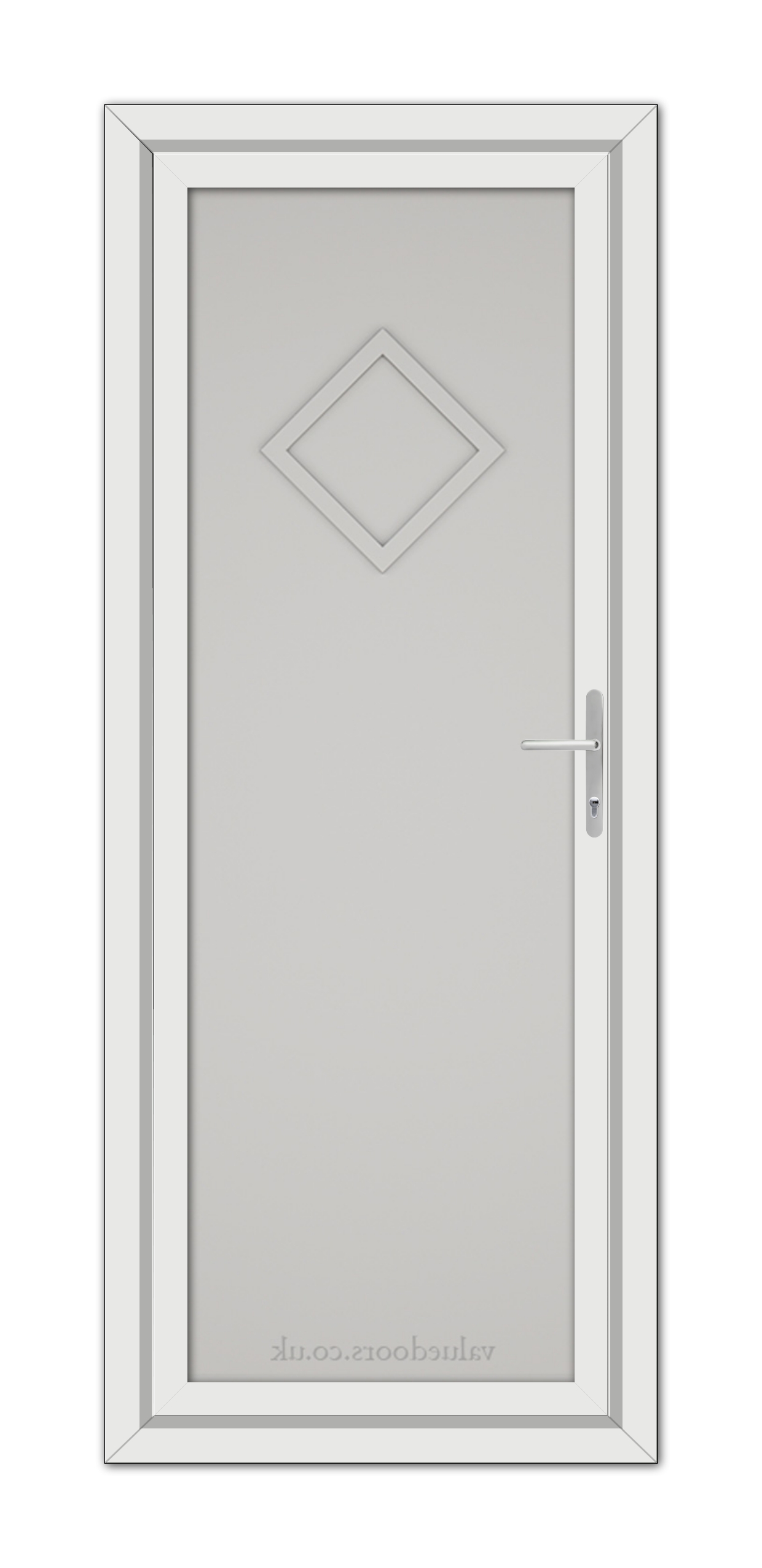 A Silver Grey Modern 5131 Solid uPVC door with a diamond-shaped window and a silver handle, viewed from the front.