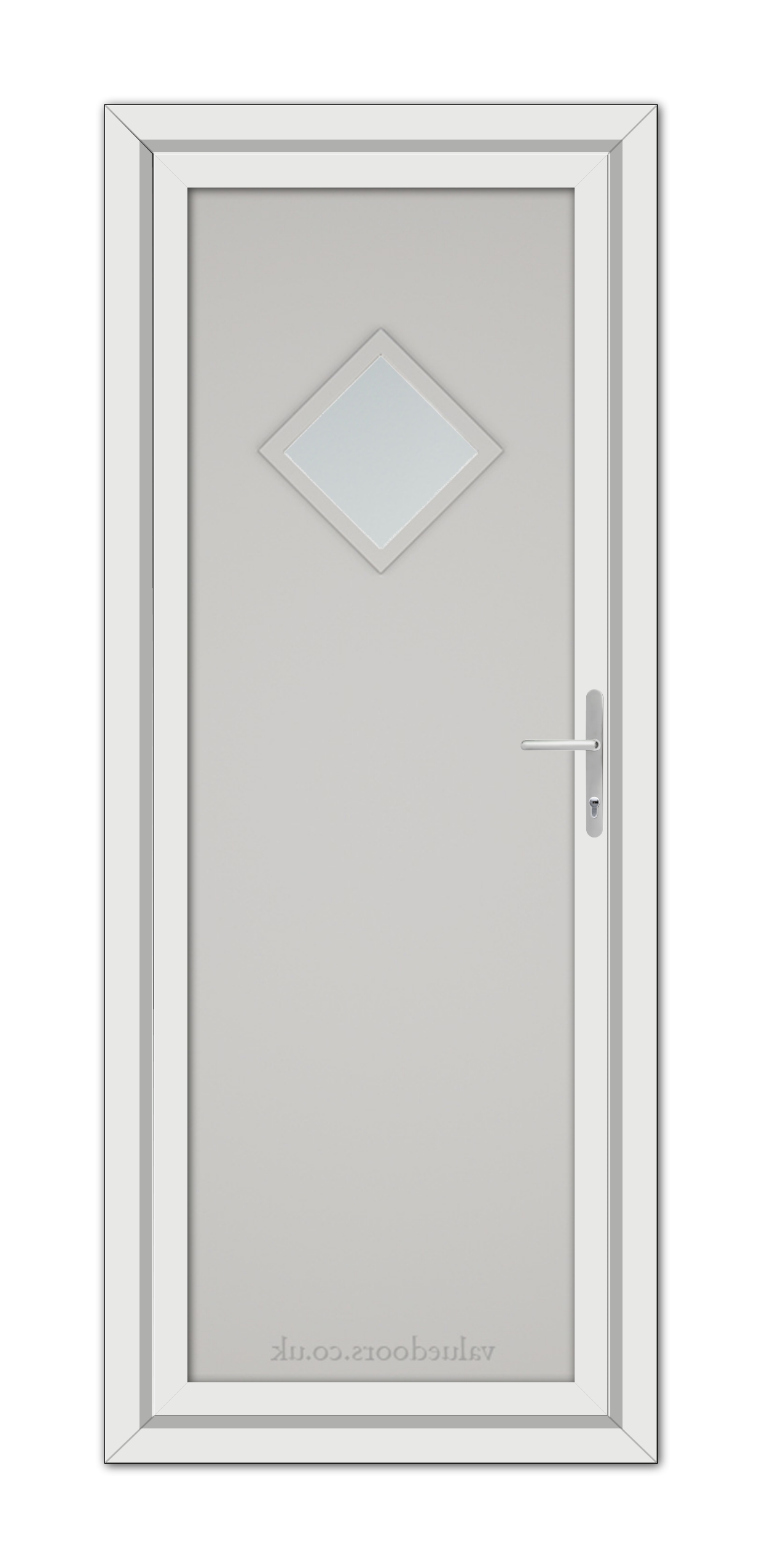 A Silver Grey Modern 5131 uPVC door featuring a diamond-shaped window at the top and a metallic handle on the right side.
