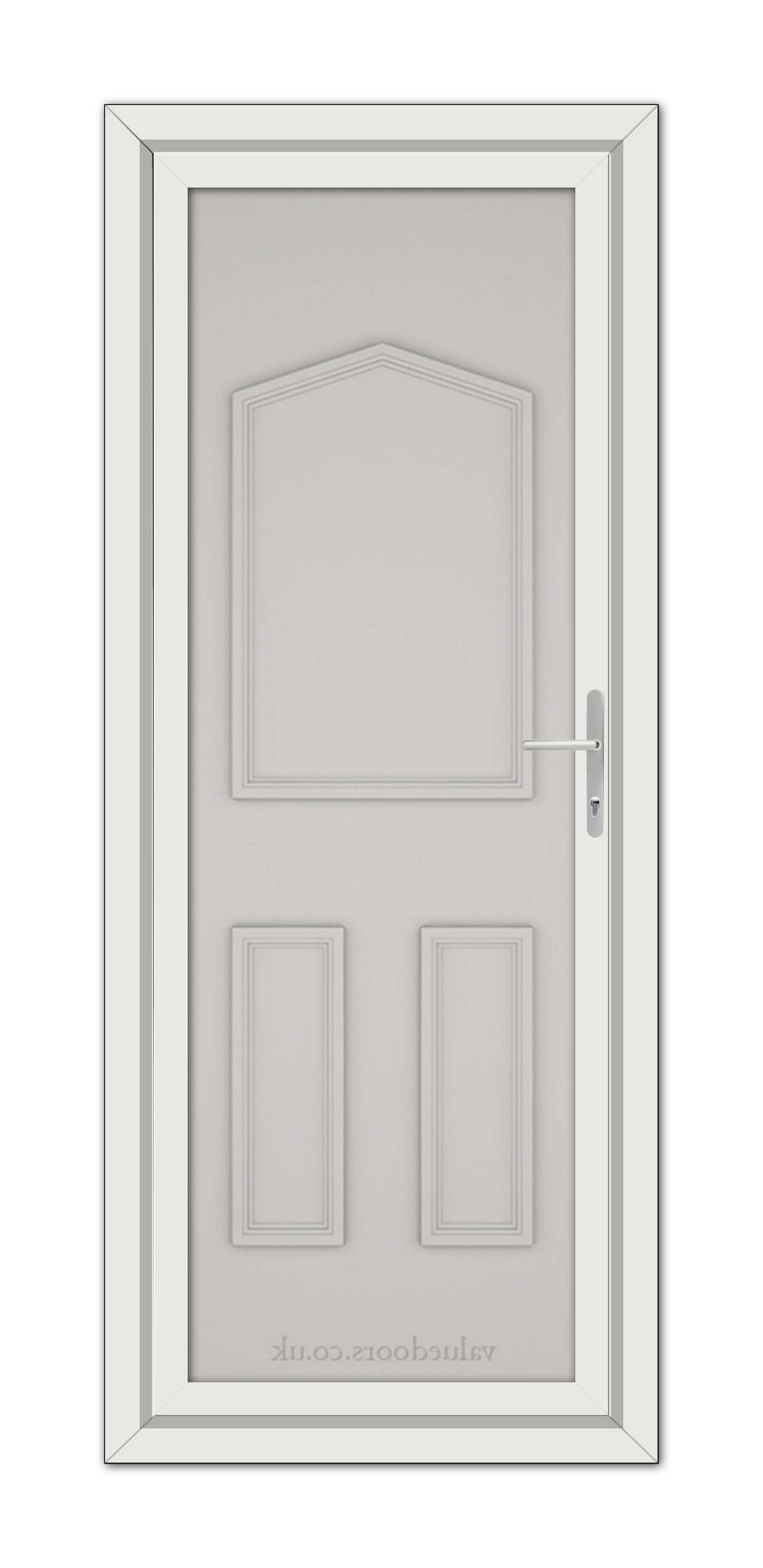 A white Silver Grey Oxford Solid uPVC Door with a silver handle.
