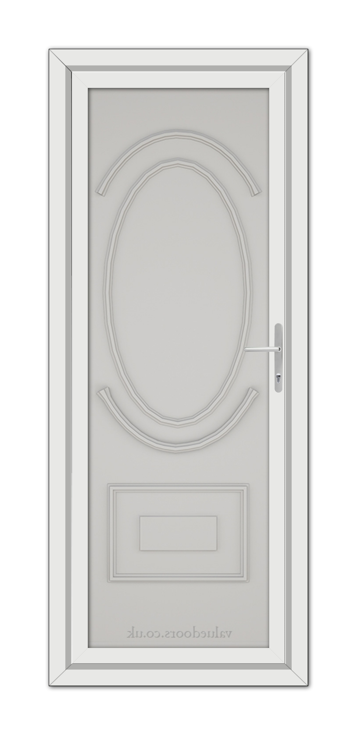 Silver Grey Richmond Solid uPVC Door with an oval glass panel at the top and a rectangular panel at the bottom, featuring a simple handle on the right side.