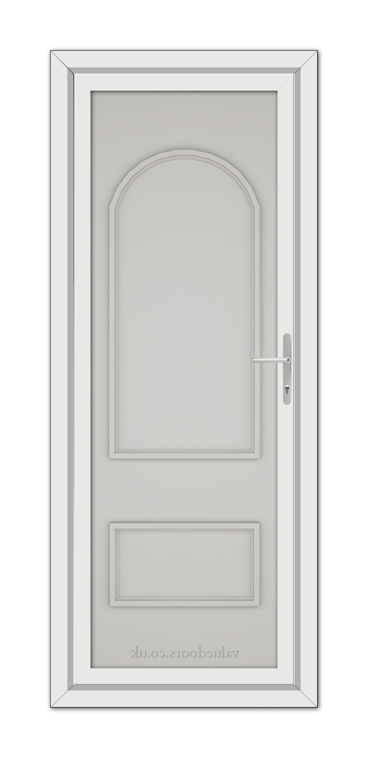 A white Silver Grey Rockingham Solid uPVC door with a silver handle.