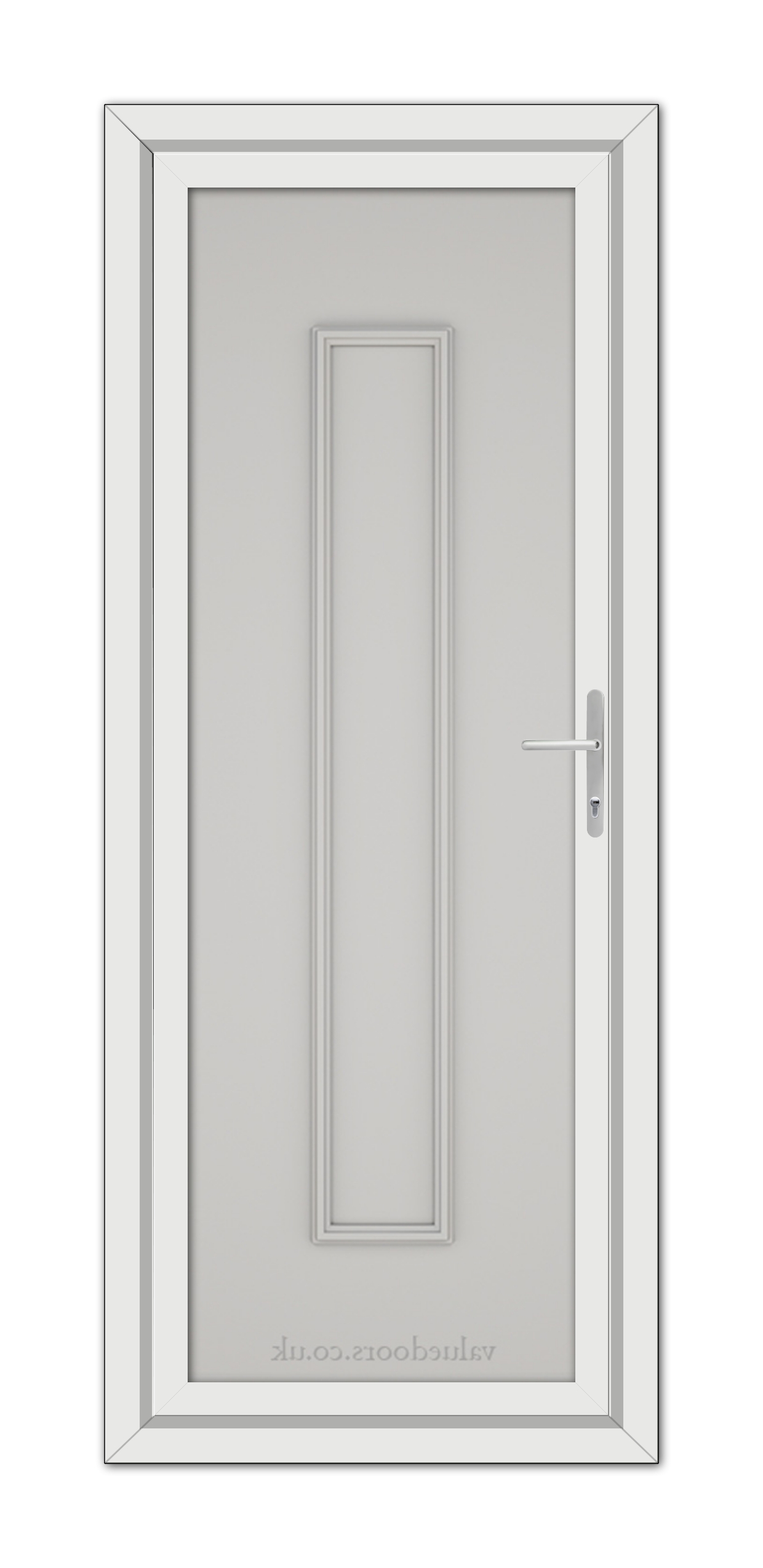A vertical image of a closed Silver Grey Rome Solid uPVC Door with a simple, modern design, featuring a rectangular panel and a metallic handle on the right side.