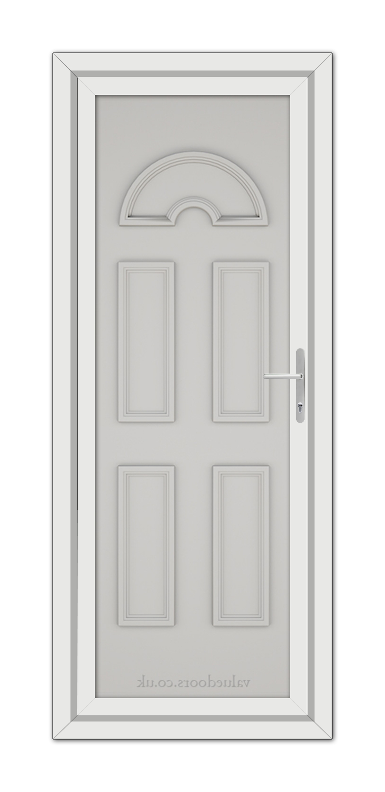 A Silver Grey Sandringham Solid uPVC door with four panels and a semi-circular decorative window at the top, featuring a metallic handle on the right side.