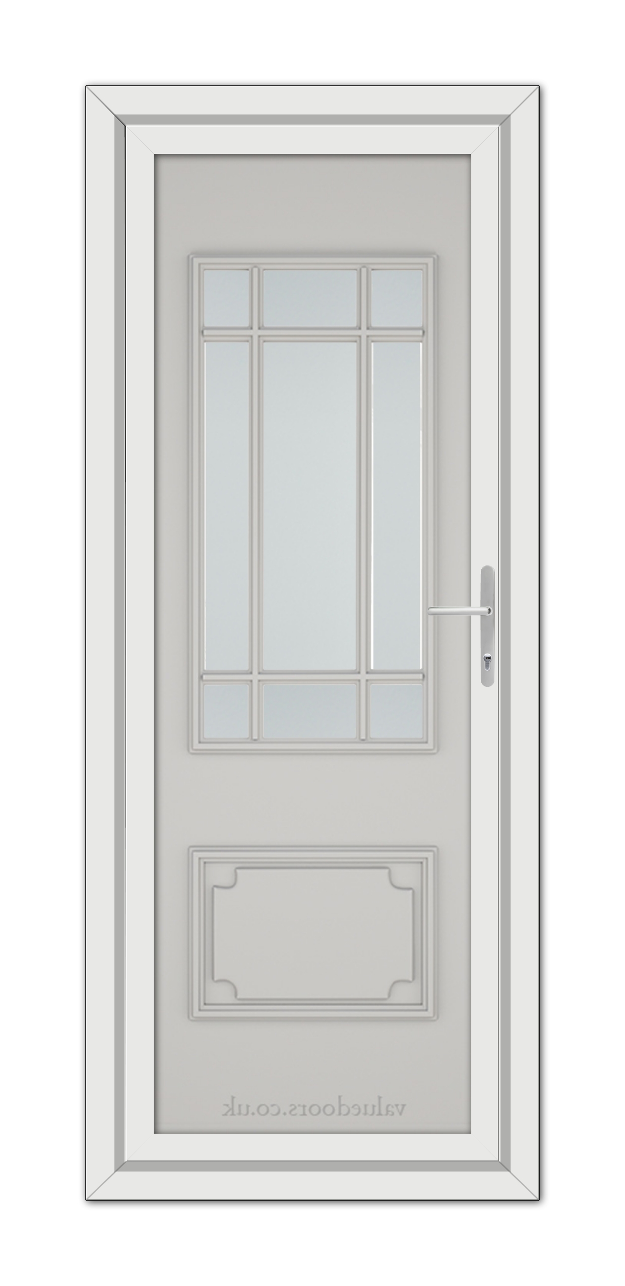 A vertical image of a closed, Silver Grey Seville uPVC Door featuring a rectangular window with white grid design and a metallic handle on the right side.