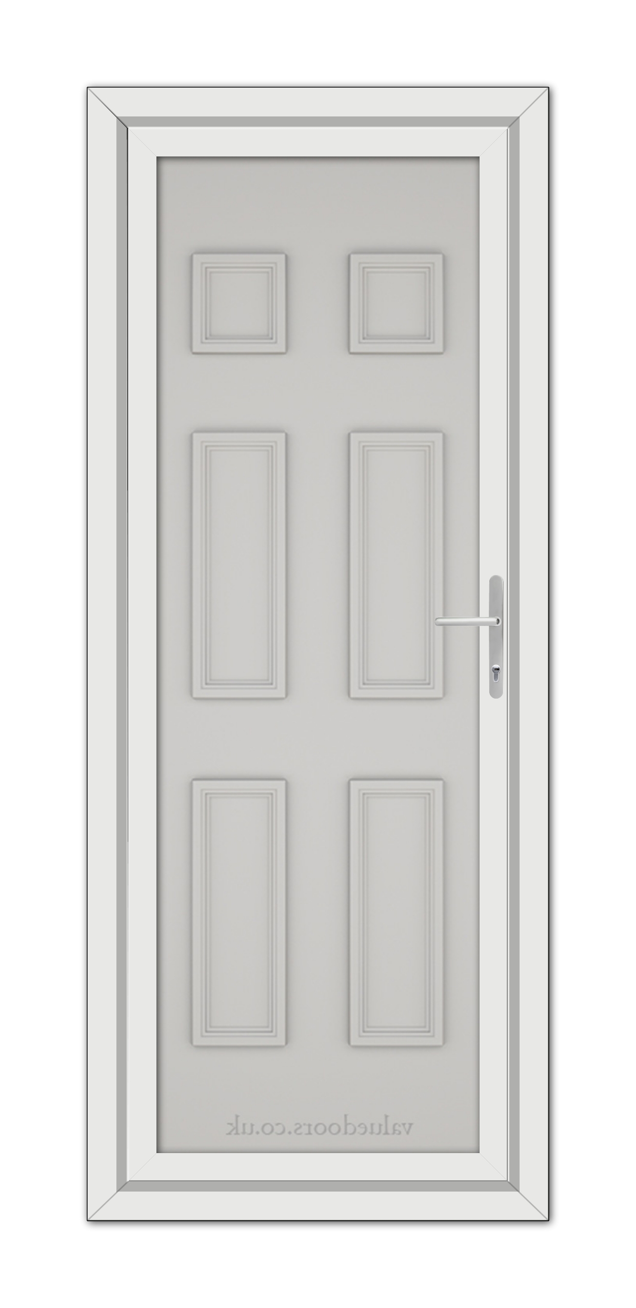 A vertical image of a closed, Silver Grey Windsor Solid uPVC Door with a metallic handle on the right side, set within a simple frame.
