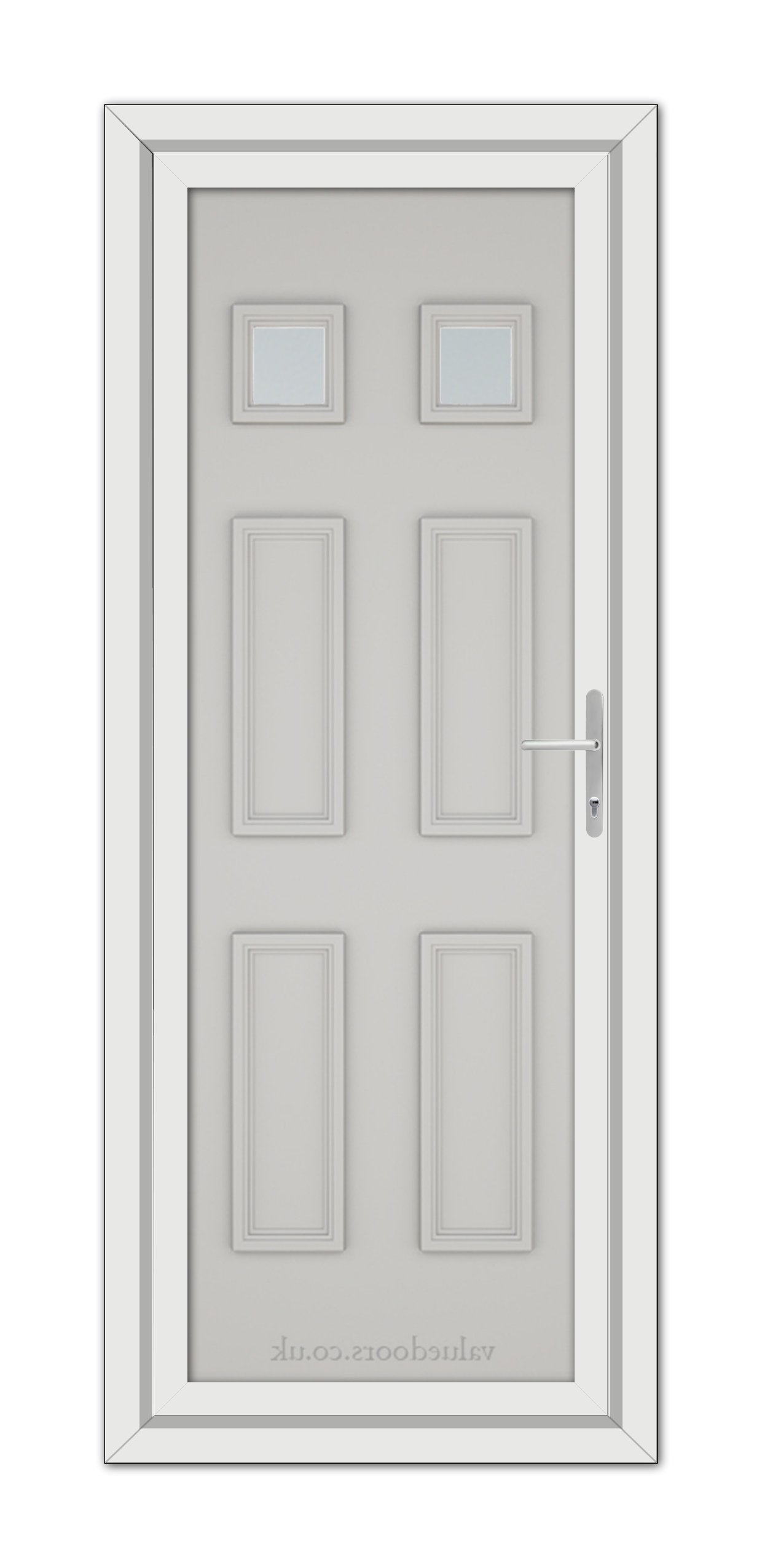A modern, Silver Grey Windsor uPVC door featuring three small, square windows at the top and four vertical panels, complete with a metallic handle on the right side.