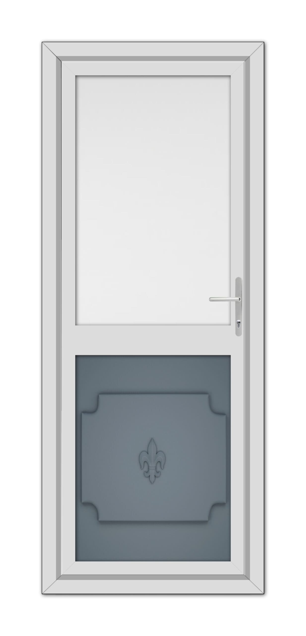 Slate Grey Abbey Half uPVC Back Door with a large transparent window on top, a frosted glass panel with a fleur-de-lis design in the middle, and a modern handle on the right.