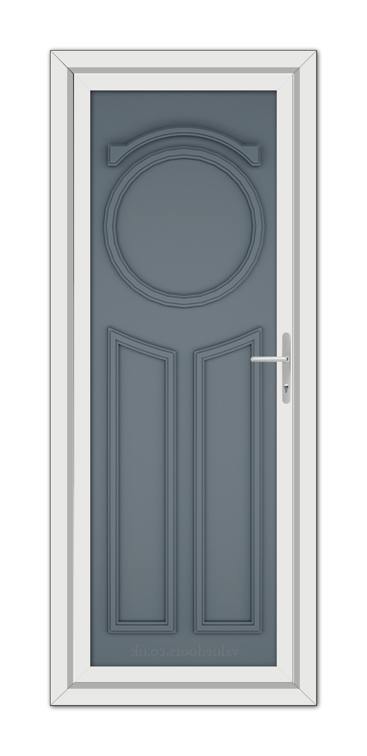 A Slate Grey Blenheim Solid uPVC door with a round design.