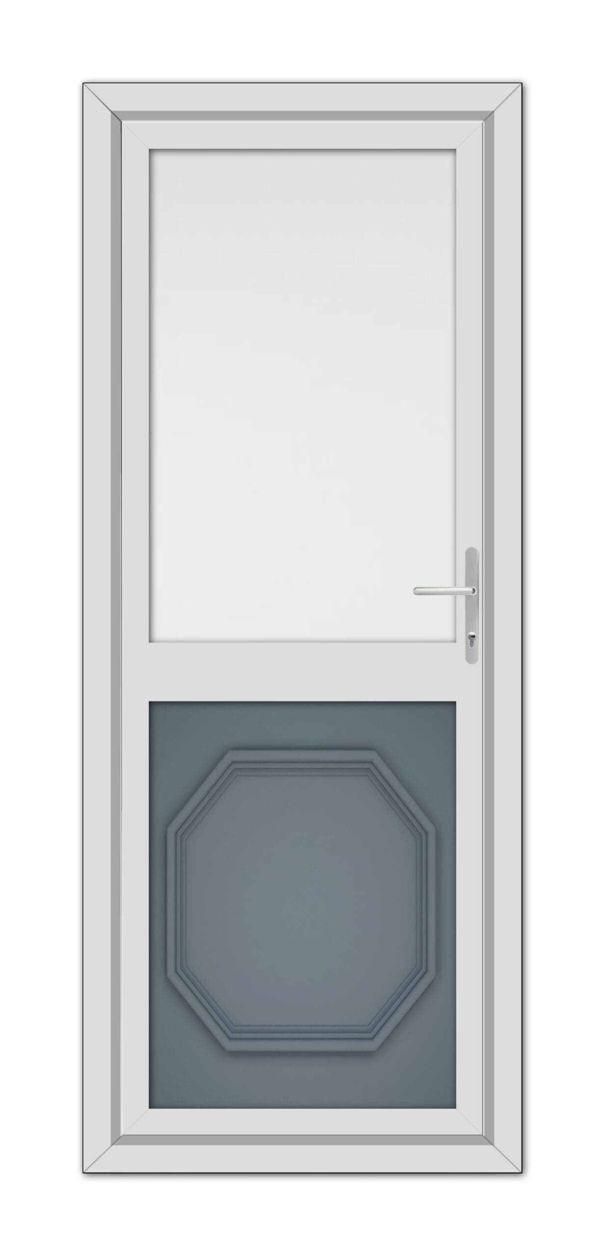 A closed Slate Grey Buckingham Half uPVC Back Door in a white frame with a small square window at the top and an octagonal panel at the bottom, featuring a metallic handle on the right side.