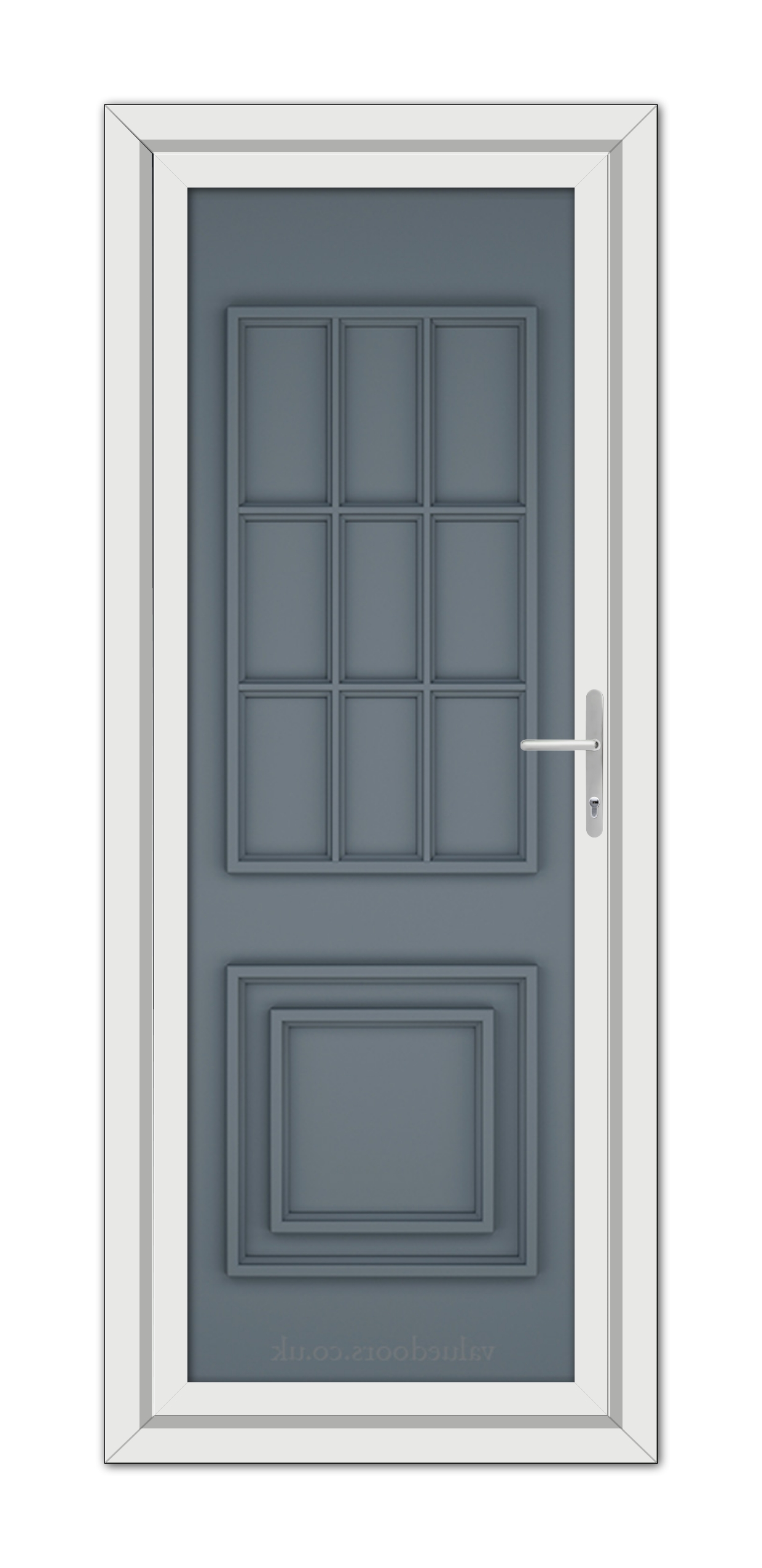 A Slate Grey Cambridge One Solid uPVC door with a white frame.