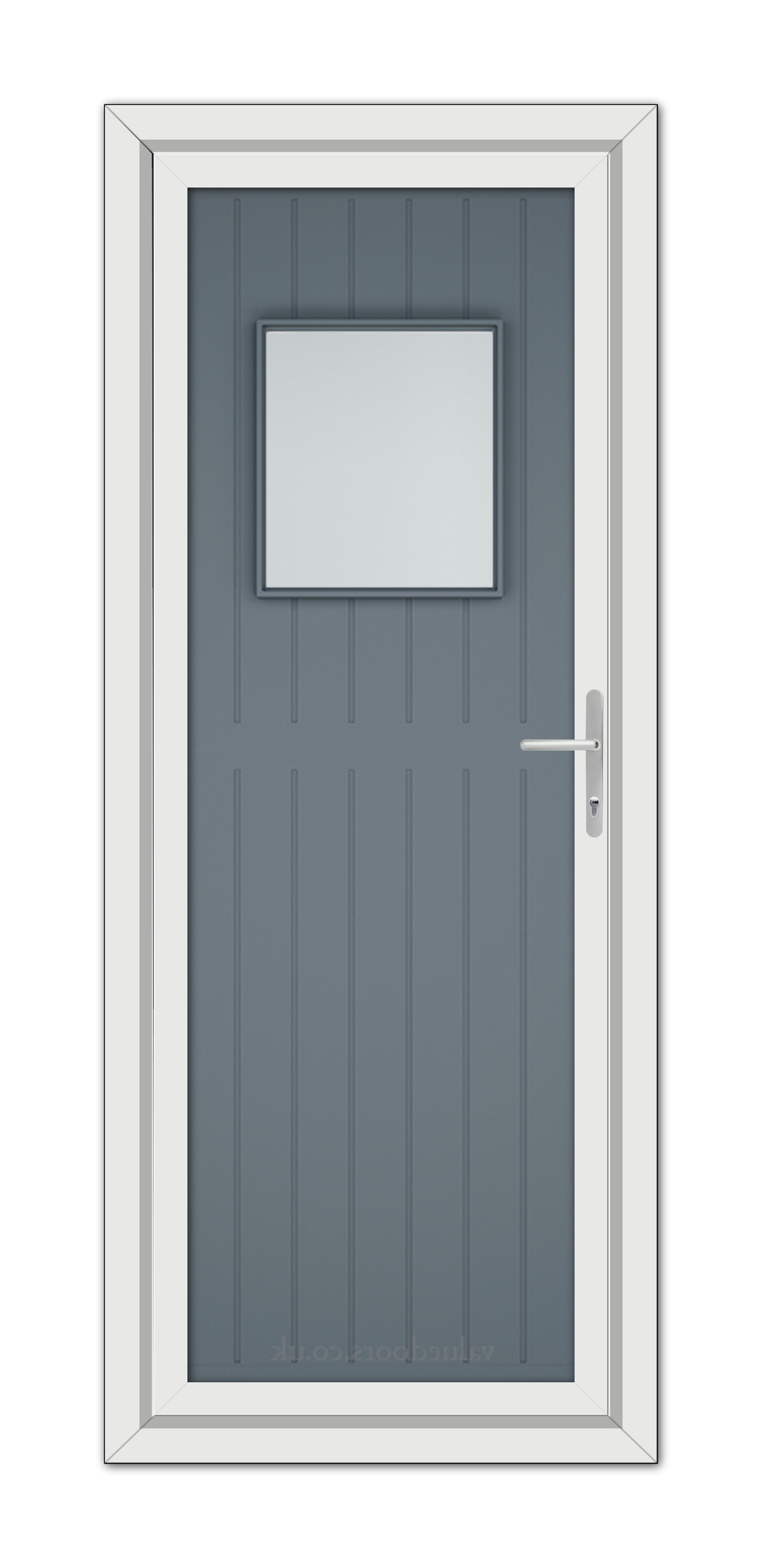 Slate Grey Chatsworth uPVC Door with a small square window and white frame, featuring a silver handle on the right side.