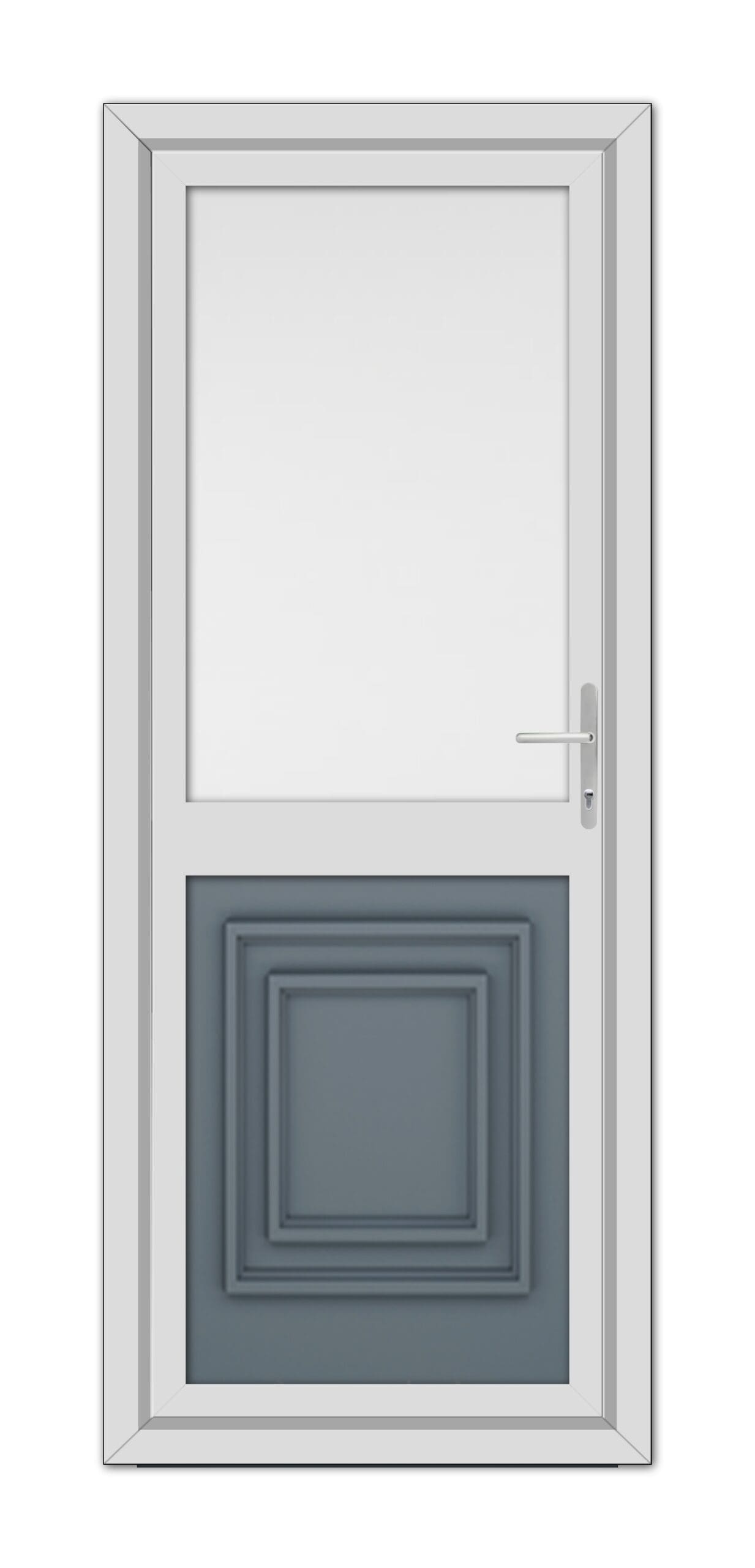 A modern white door with a Slate Grey Hannover Half uPVC Back Door lower panel and a small, transparent window at the top, featuring a silver handle on the right side.