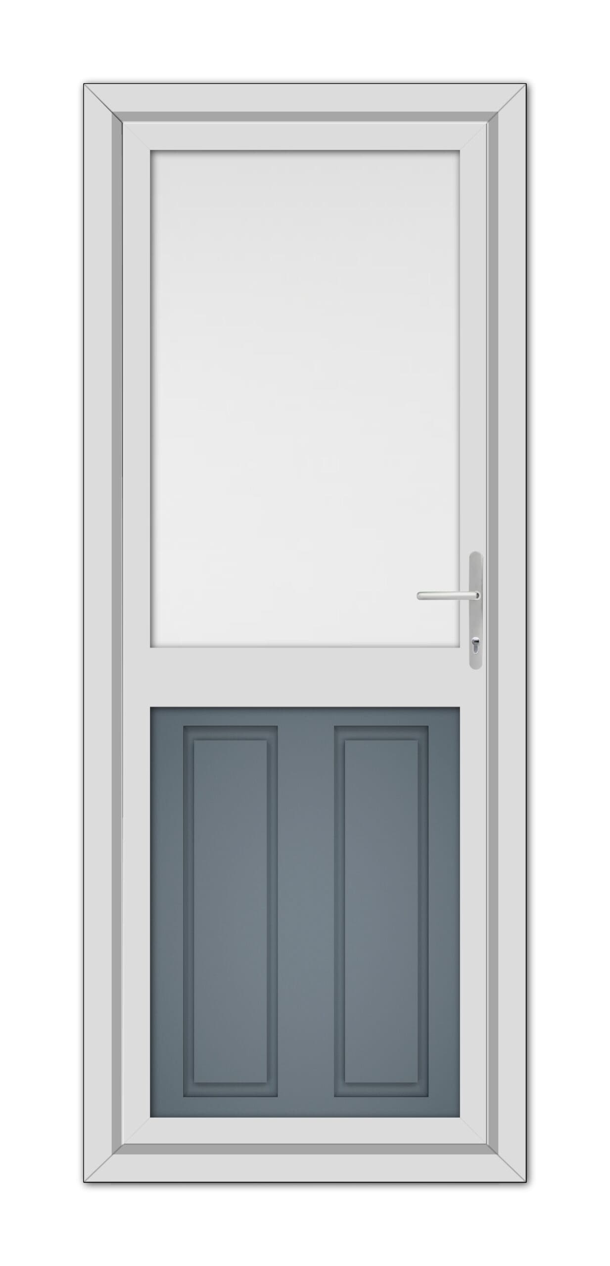 A Slate Grey Manor Half uPVC Back Door with a white frame, featuring a large glass window at the top and two solid lower panels, complete with a metal handle on the right side.