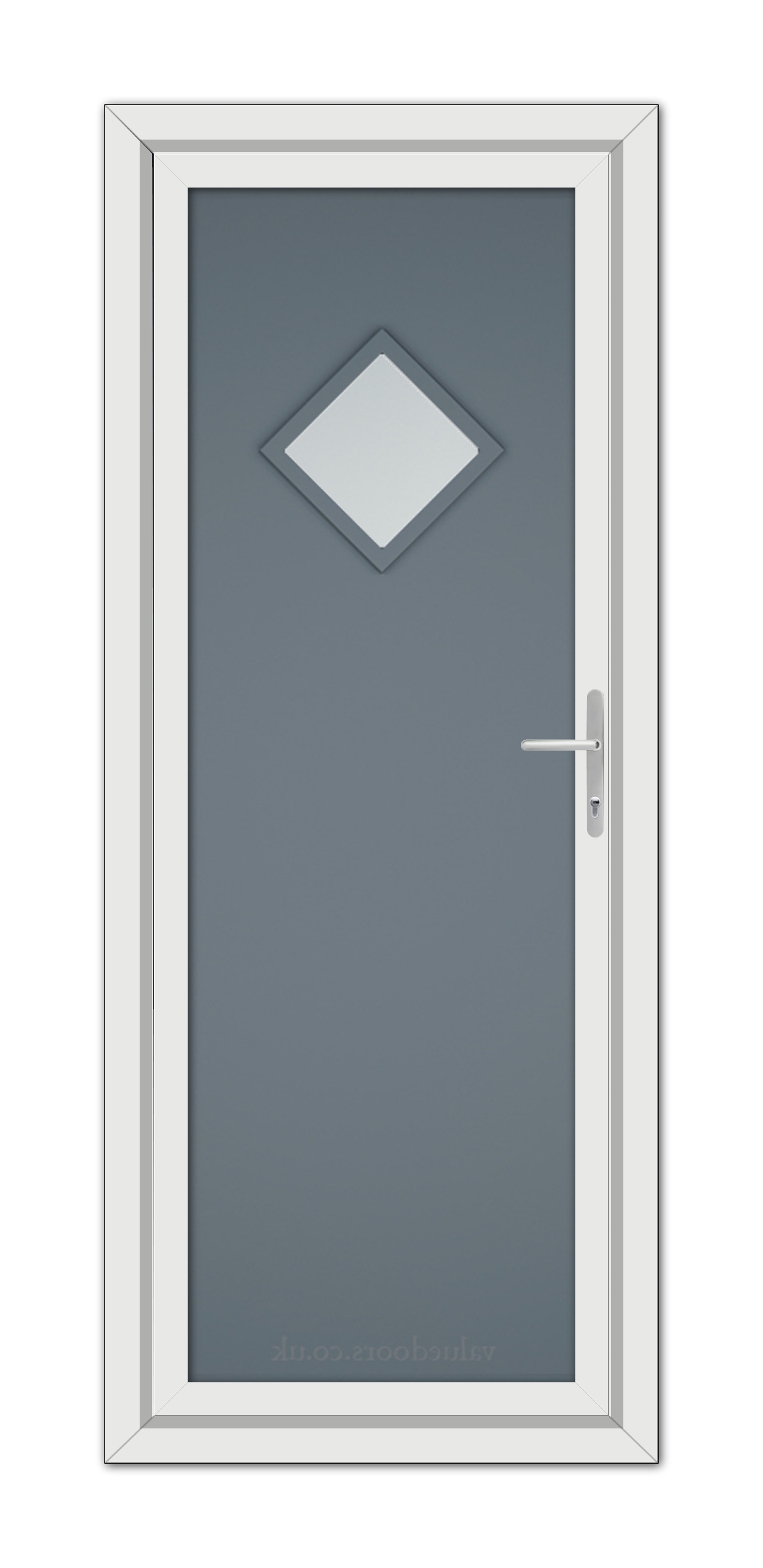 Slate Grey Modern 5131 uPVC door with a white frame, featuring a silver handle and a diamond-shaped window at the top.