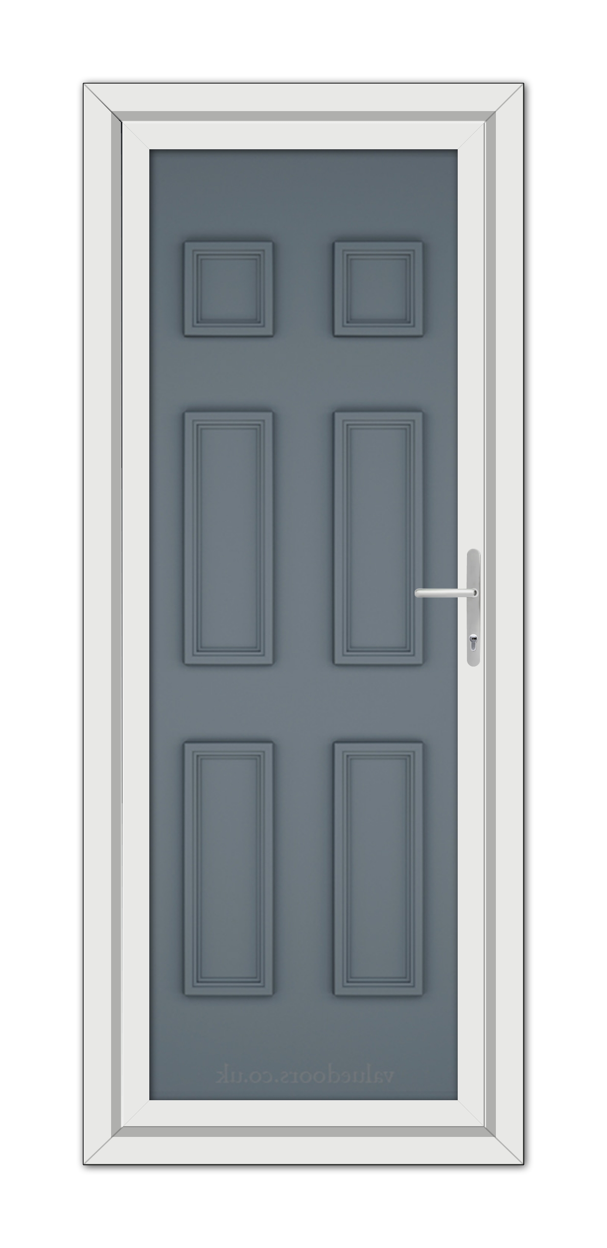 A modern Slate Grey Windsor Solid uPVC Door with six rectangular panels and a silver handle, set within a white door frame.