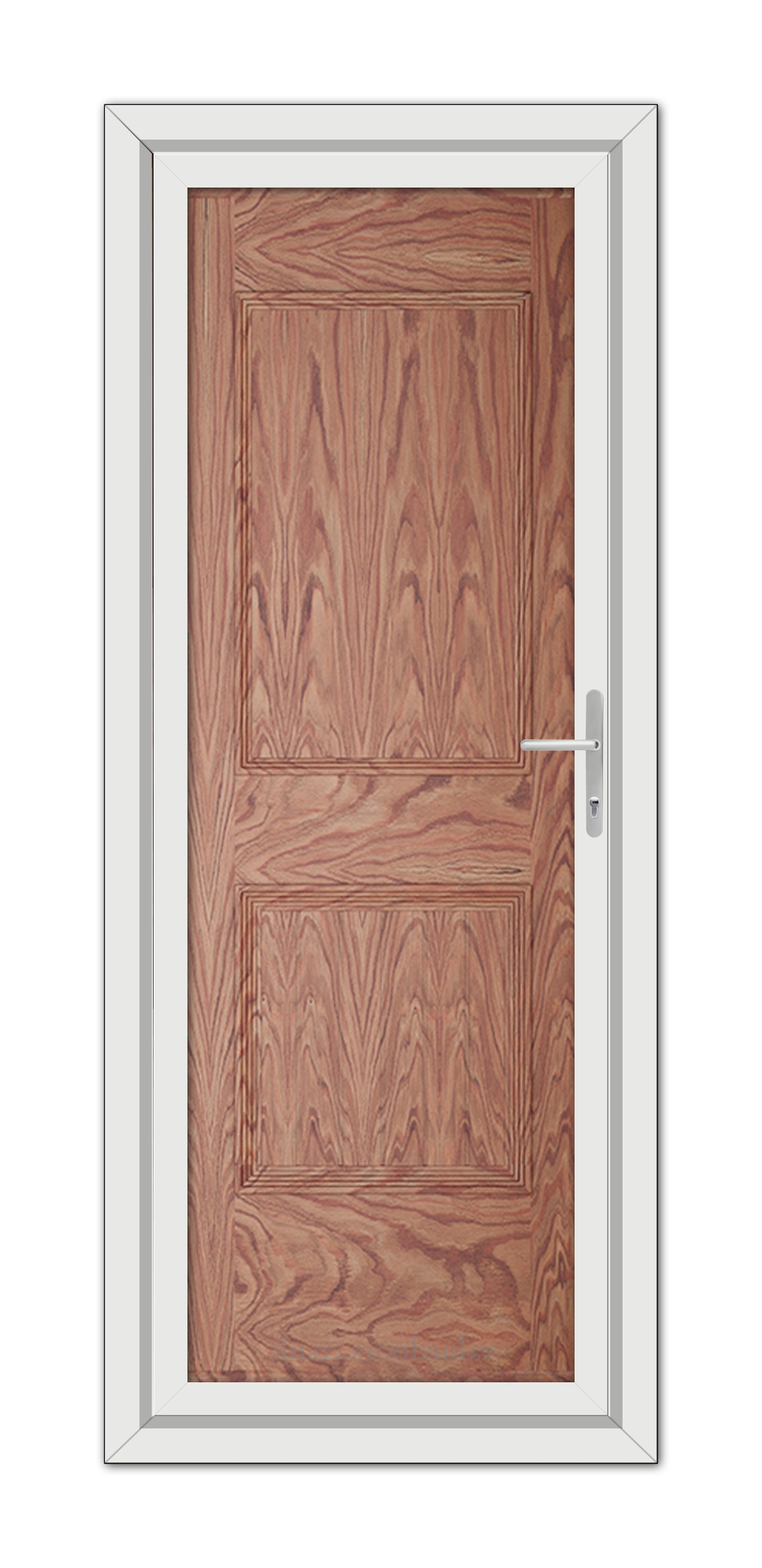 A Solid Oak Alnwick One uPVC Door with a vertical panel design and a metal handle, set within a white door frame.