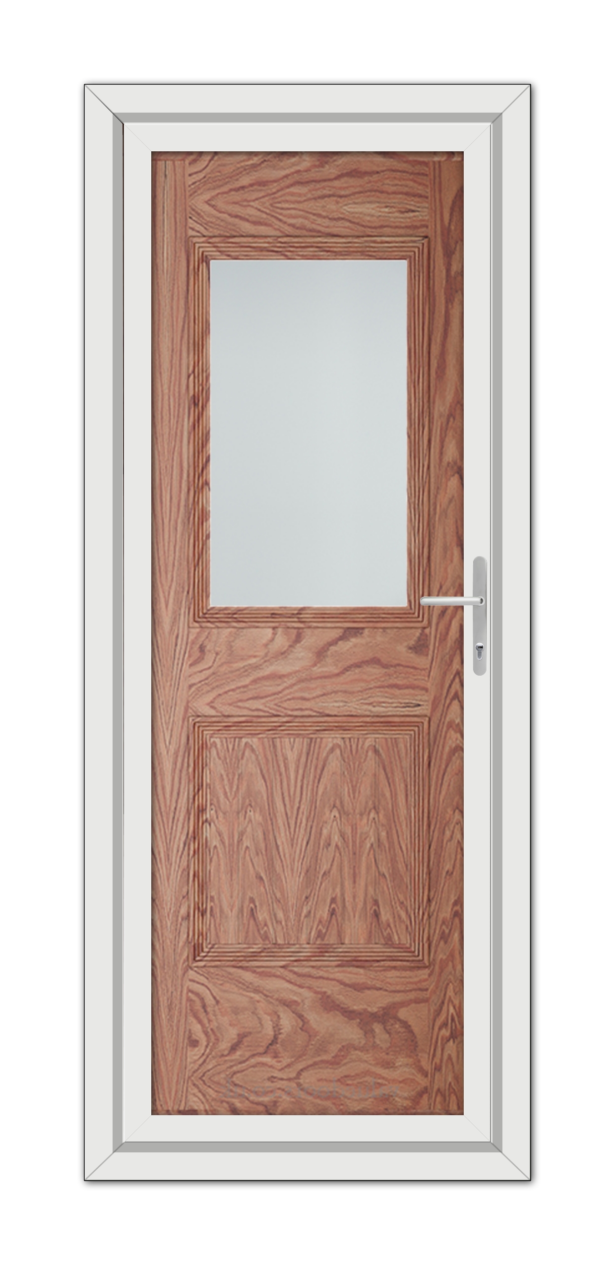 A modern Solid Oak Alnwick One uPVC door with a rectangular window and a metal handle, enclosed in a white frame.