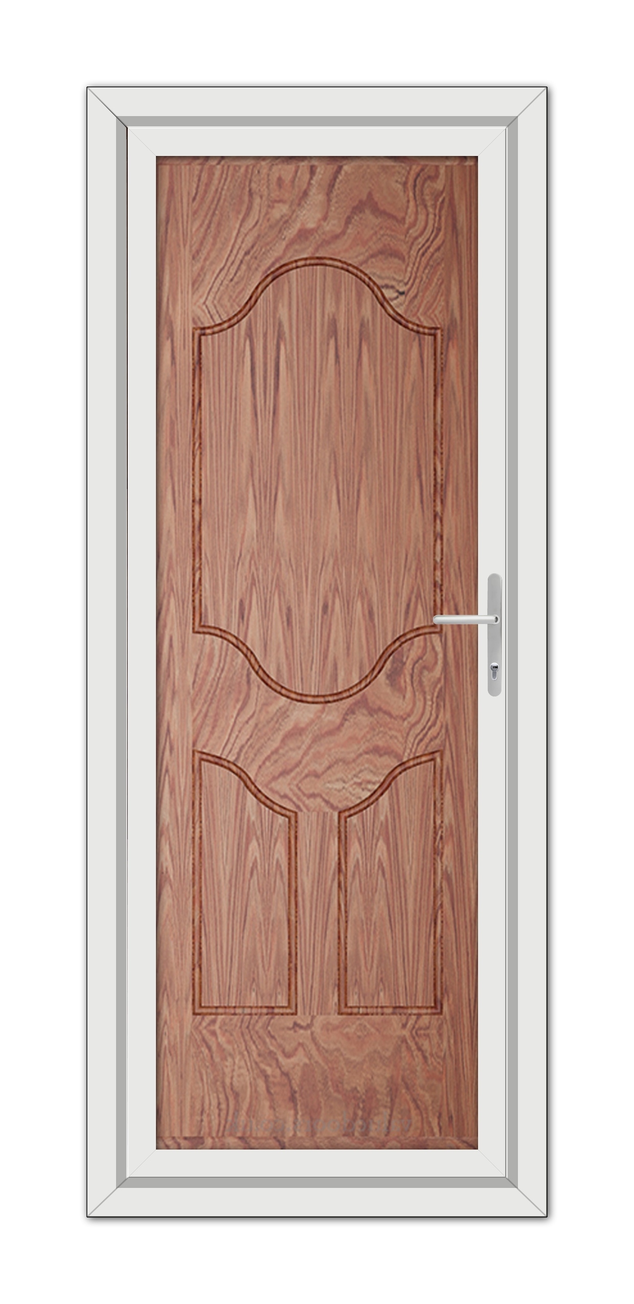 A Solid Oak Althorpe Solid uPVC Door with a prominent grain pattern, featuring an arched top panel, fitted within a white frame, equipped with a modern metal handle.