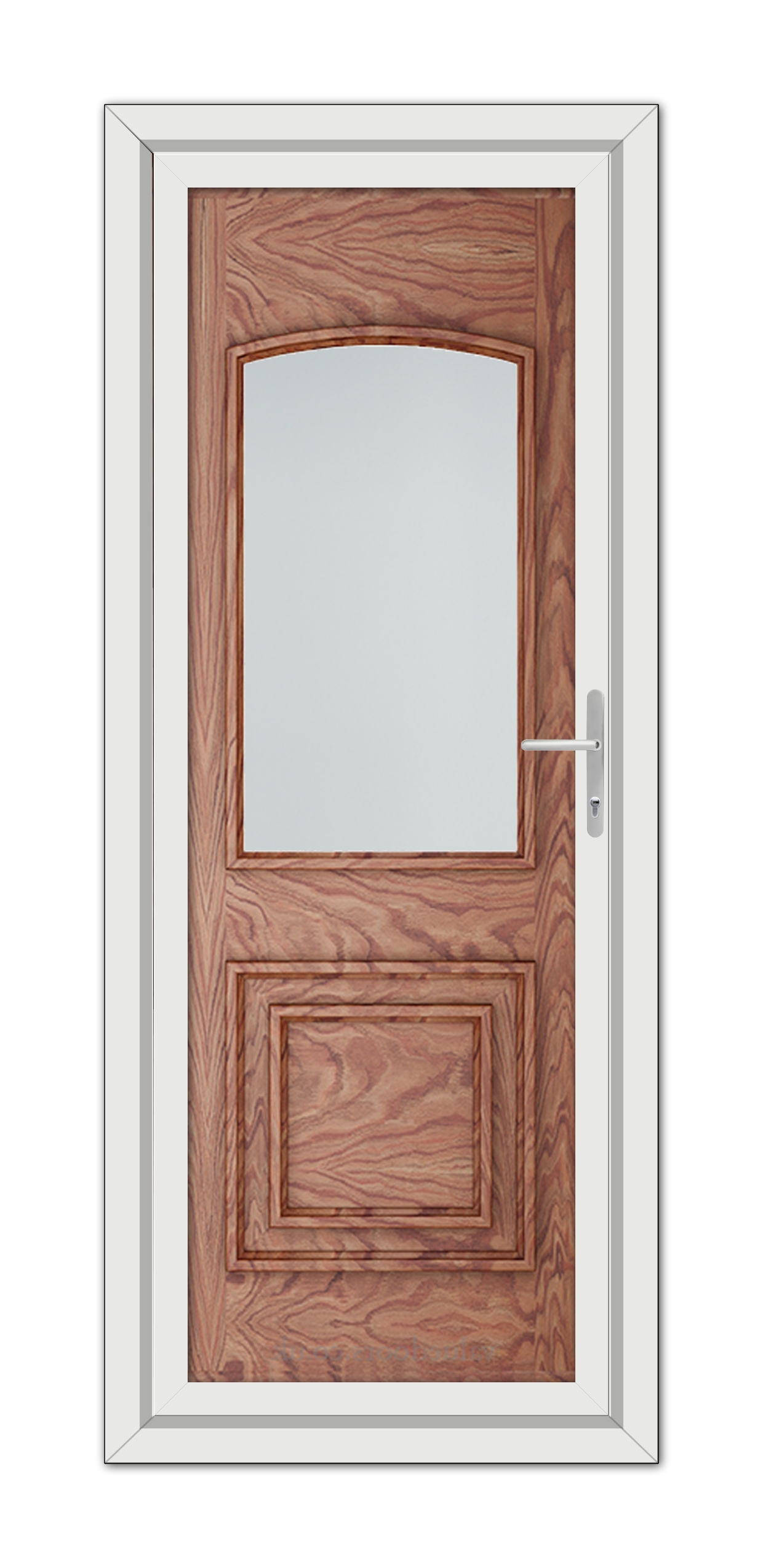 A Solid Oak Balmoral Classic uPVC Door with a rectangular window, framed in white, featuring a modern handle on the right side.