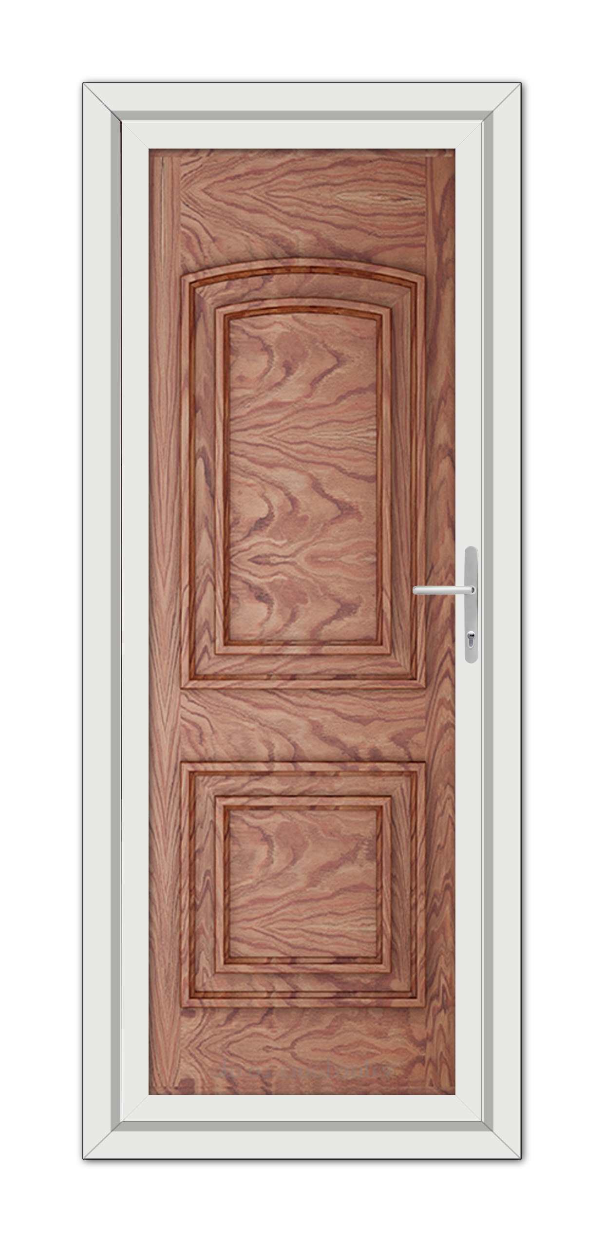 A Solid Oak Balmoral solid uPVC door with intricate grain patterns, featuring two recessed panels, set within a white door frame with a modern metal handle.