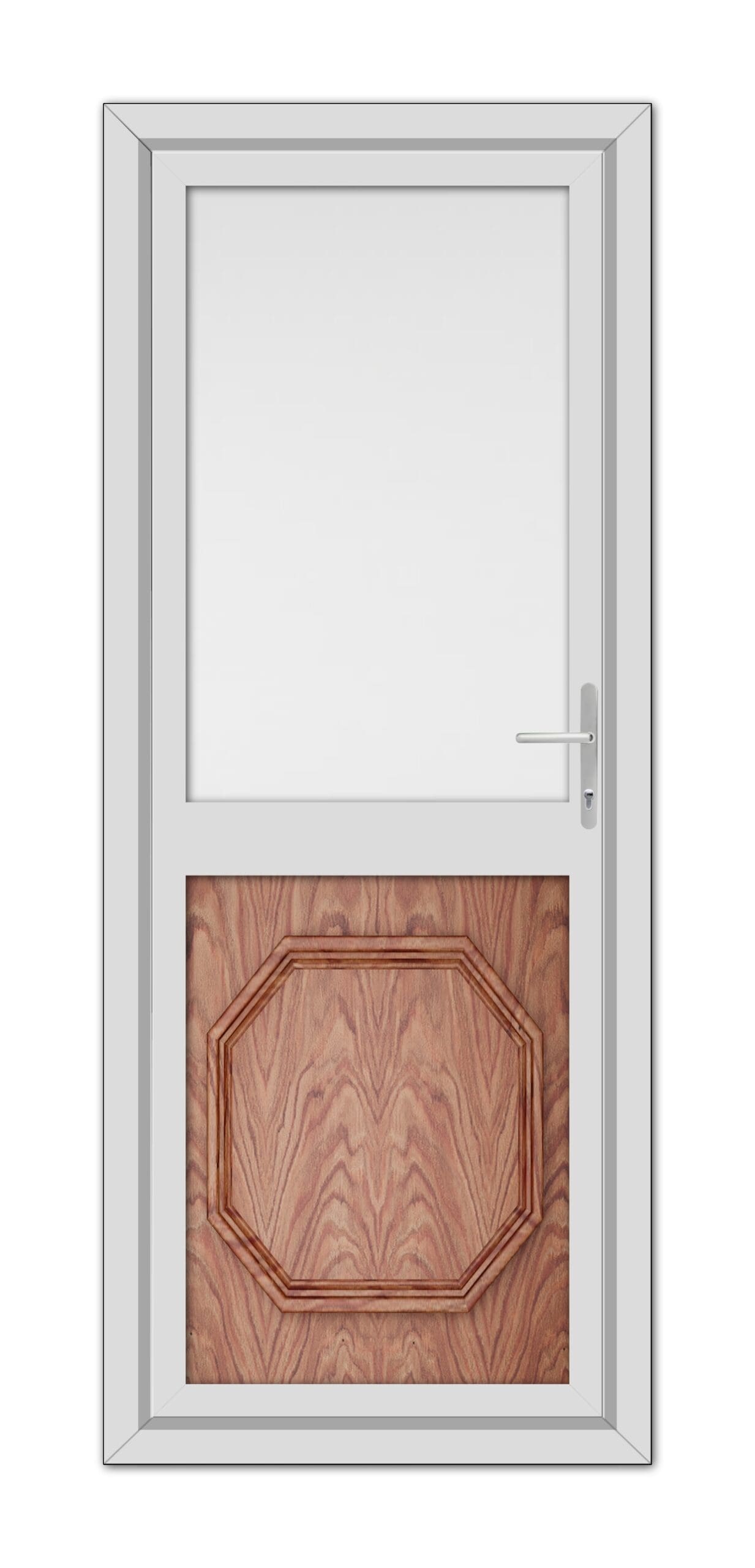 A closed white Solid Oak Buckingham Half uPVC Back Door with a rectangular translucent panel and an ornate wooden insert in the middle, featuring a handle on the right side.