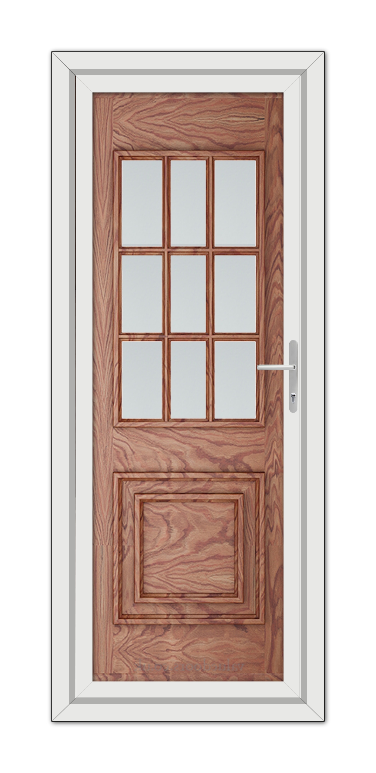 Solid Oak Cambridge One uPVC Door with glass panels in the upper half, framed by a white casing, and equipped with a metal handle.