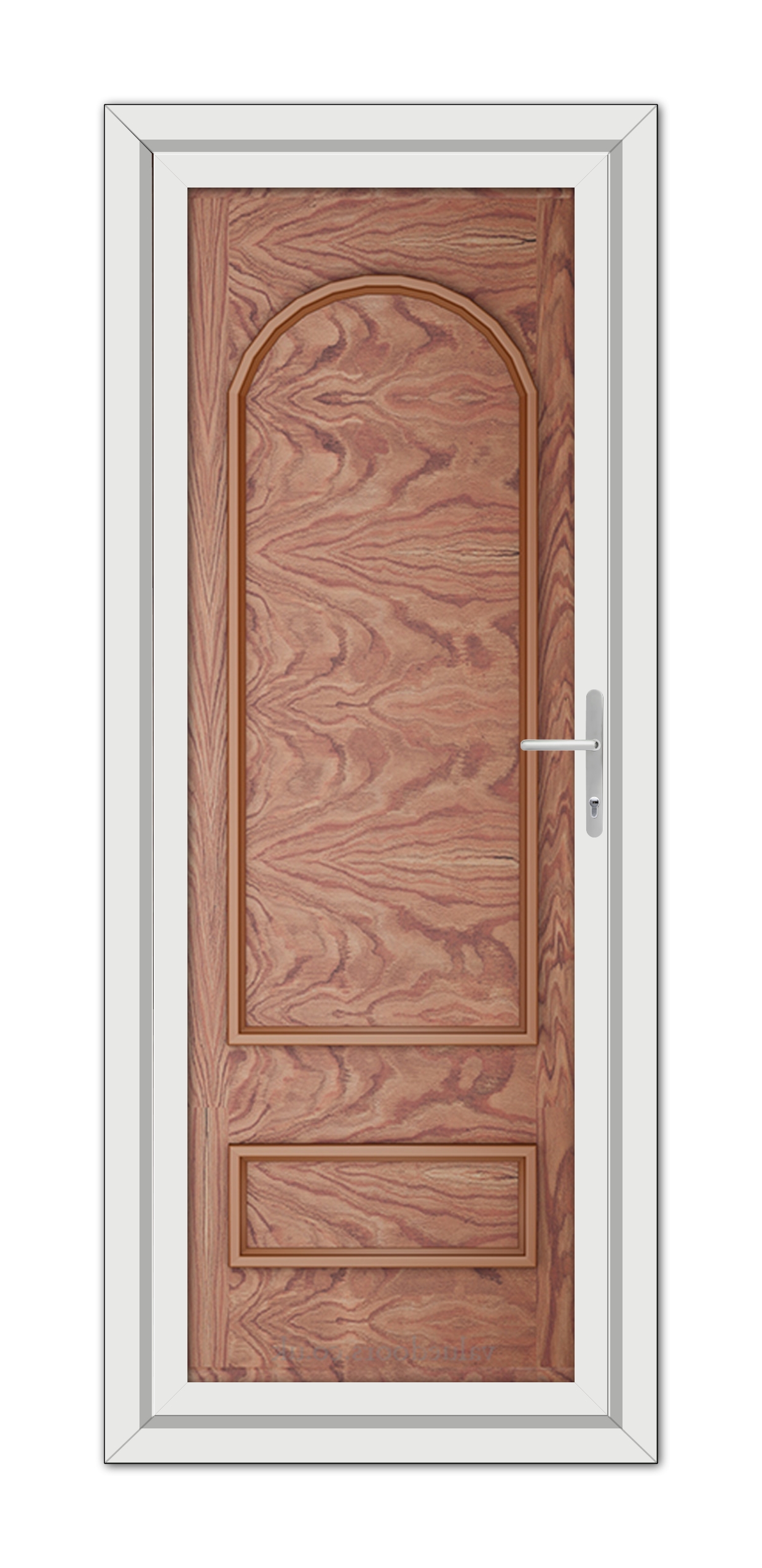 A Solid Oak Canterbury Solid uPVC Door with panels, fitted within a white frame, featuring a metal handle on the right side.