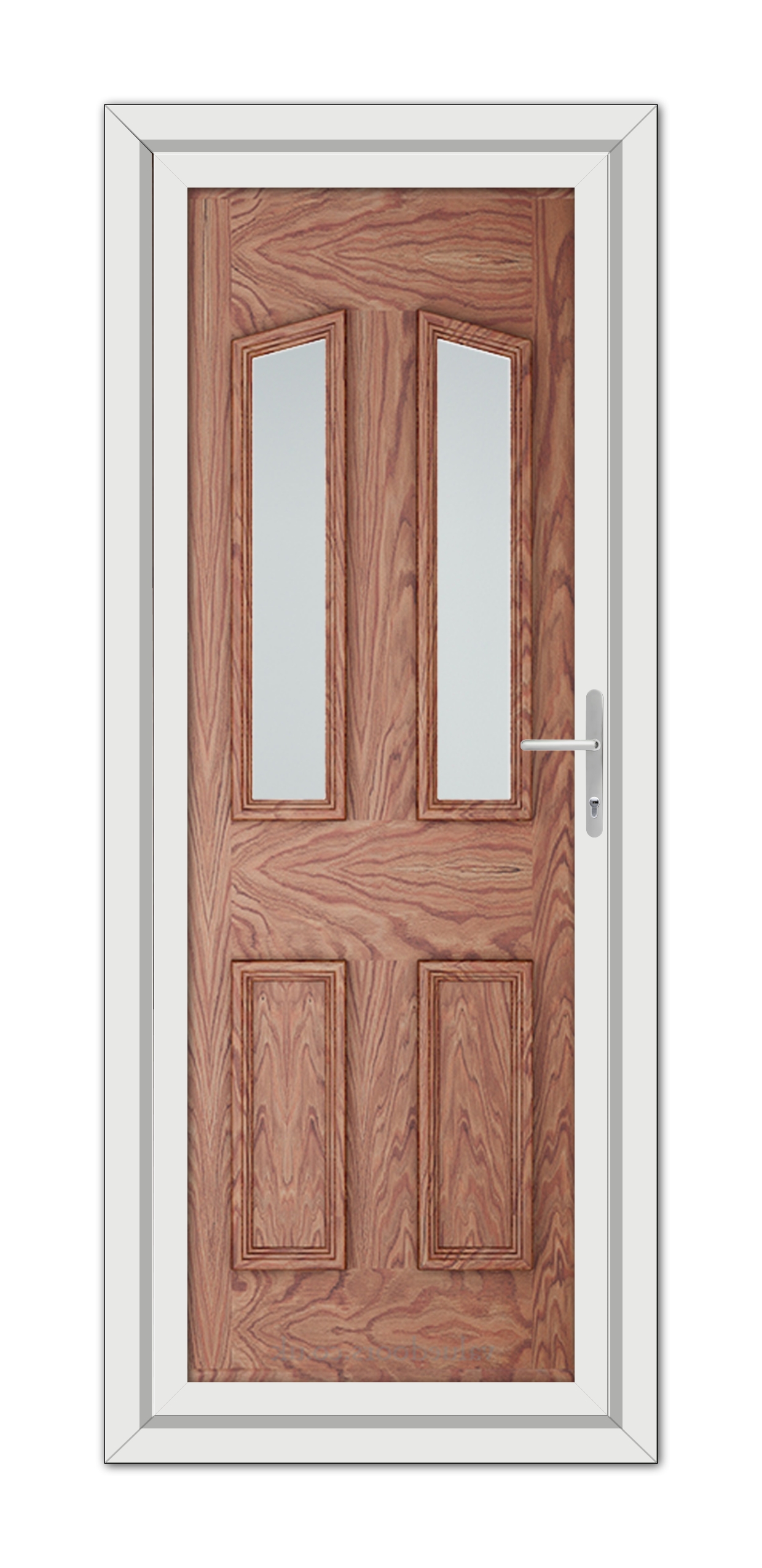 A Solid Oak Kensington uPVC front door with two vertical glass panels, framed in white, featuring a modern handle on the right side.