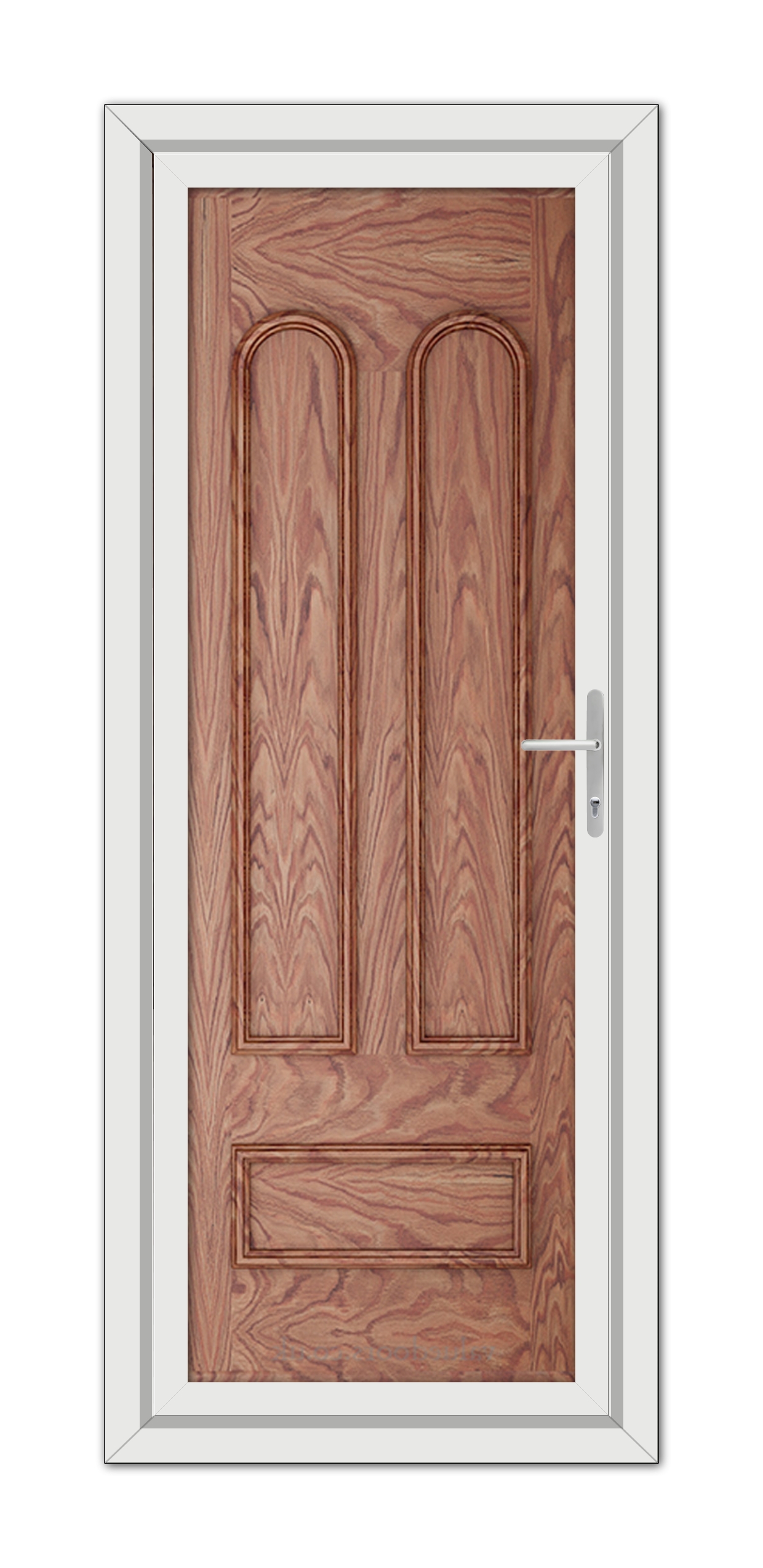 A closed Solid Oak Madrid Solid uPVC Door with panel designs, framed by a white door frame, featuring a metal handle on the right side.