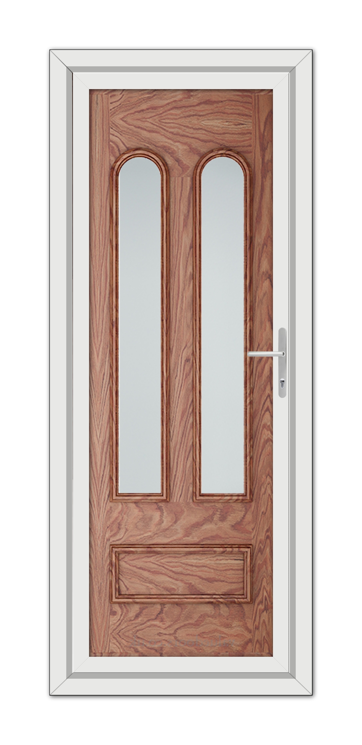 A Solid Oak Madrid uPVC Door with two vertical glass panels, surrounded by a white frame, featuring a silver handle on the right side.