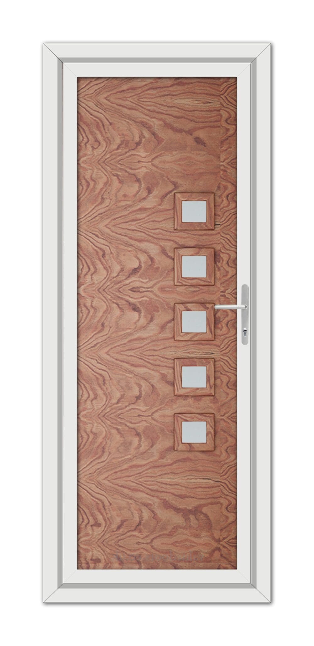 Modern Solid Oak Malaga uPVC door with six horizontal panels and a metal handle, framed in white.