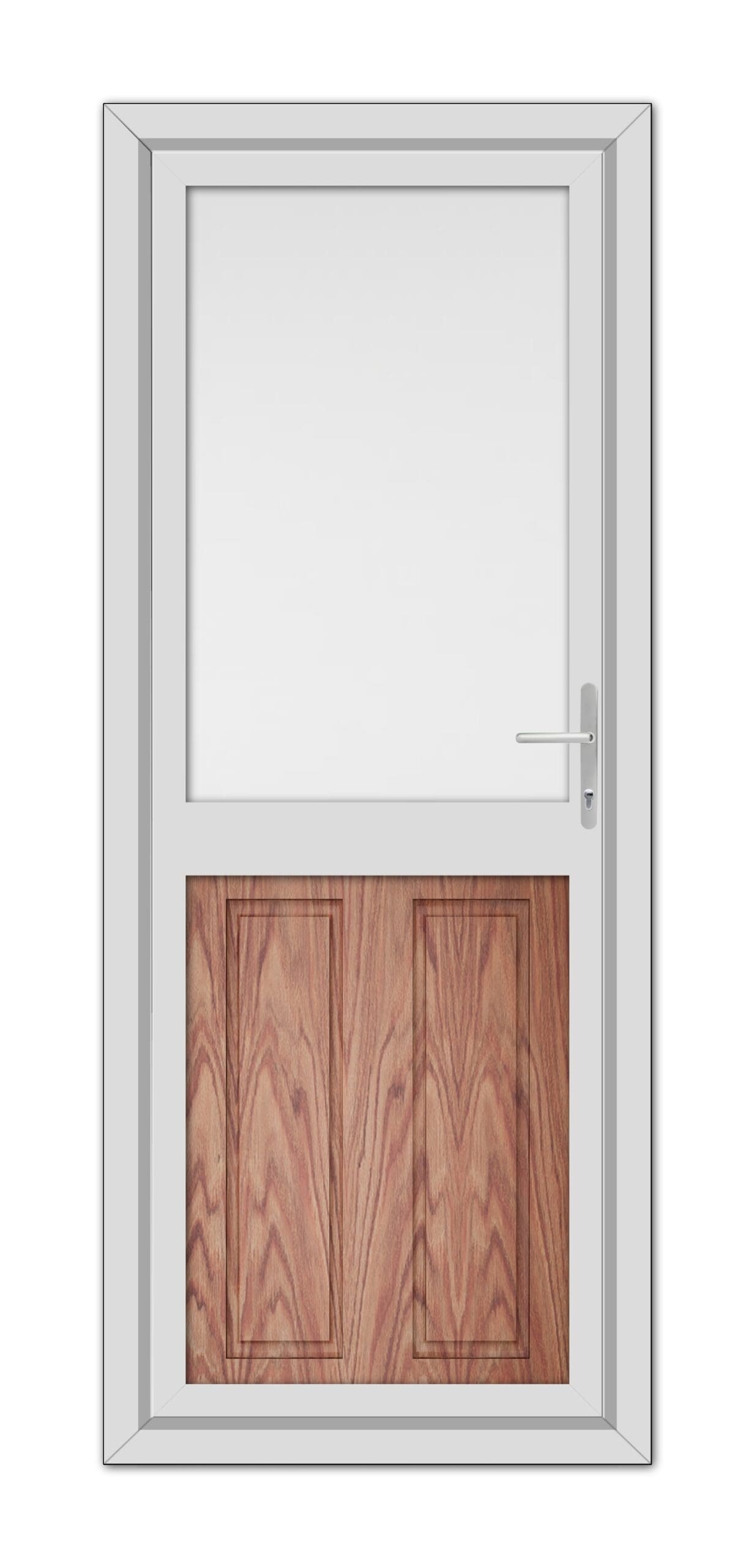 A modern Solid Oak Manor Half uPVC Back Door with a white frame, featuring a lower section with a wooden panel and equipped with a silver handle.