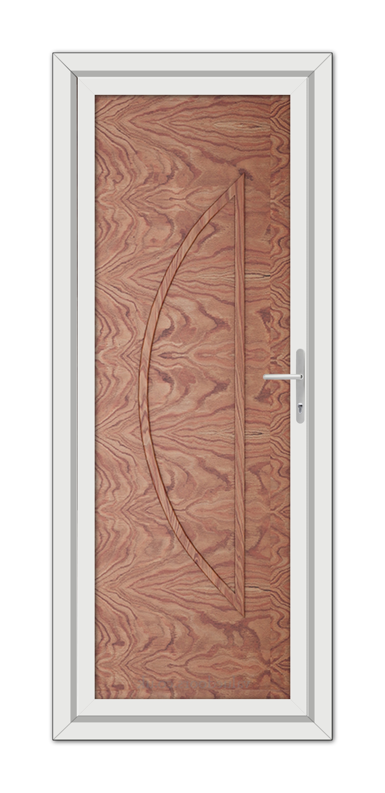 A Solid Oak Modern 5051 Solid uPVC Door with a bow-shaped wooden panel design and a metal handle, encased in a white frame.