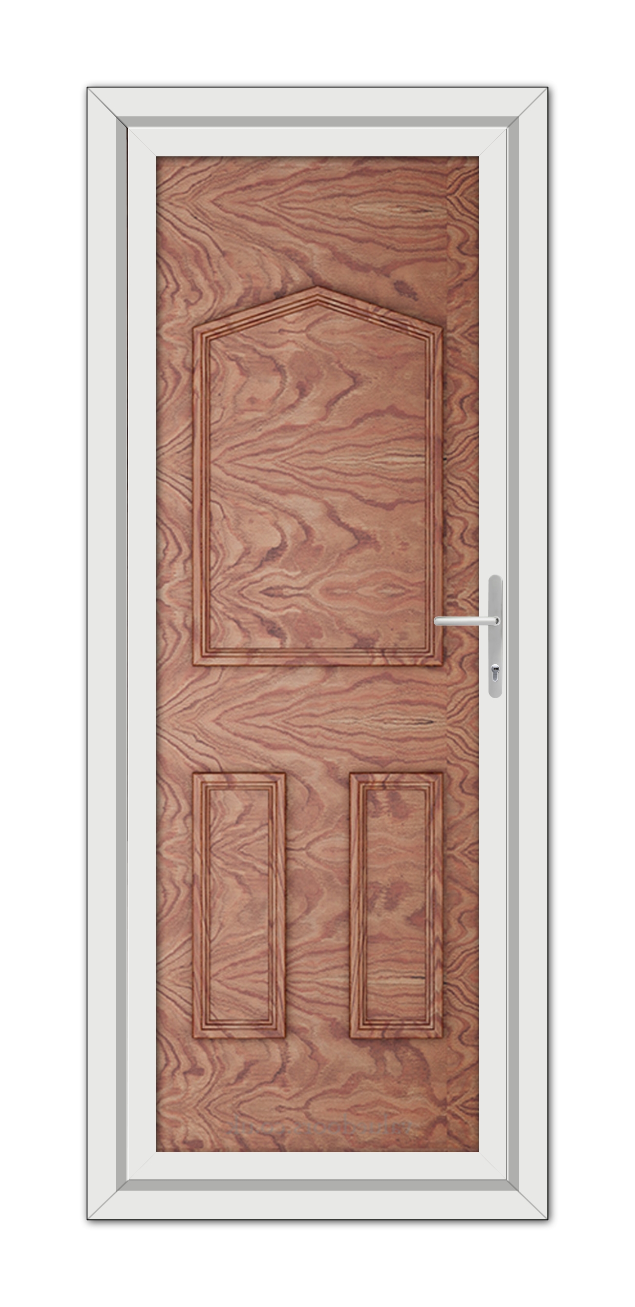 Vertical image of a closed Solid Oak Oxford Solid uPVC Door with rectangular panels and a metal handle, framed by a white door frame.