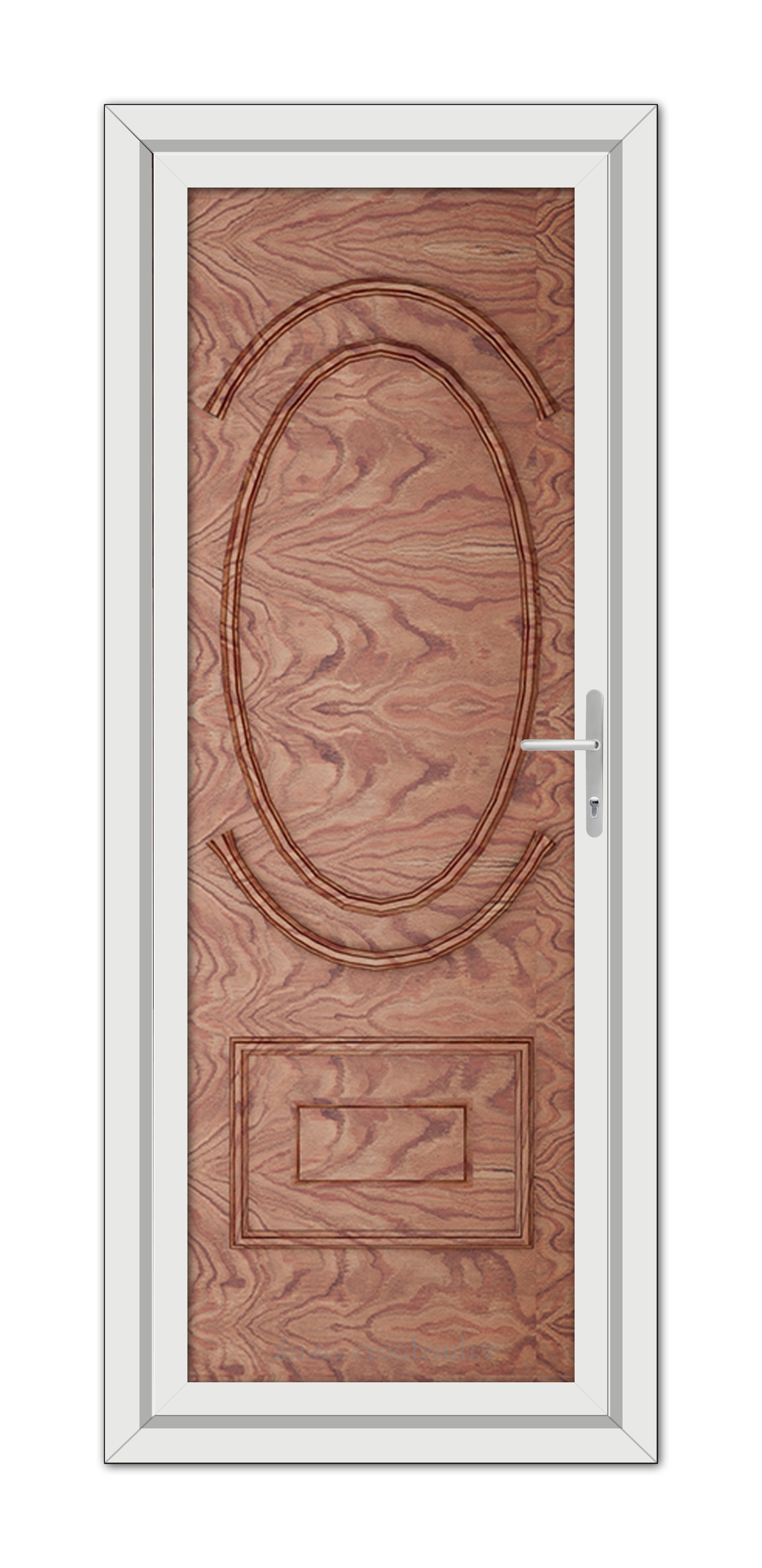 A Solid Oak Richmond door with an oval relief design and a metal handle, surrounded by a simple white frame.