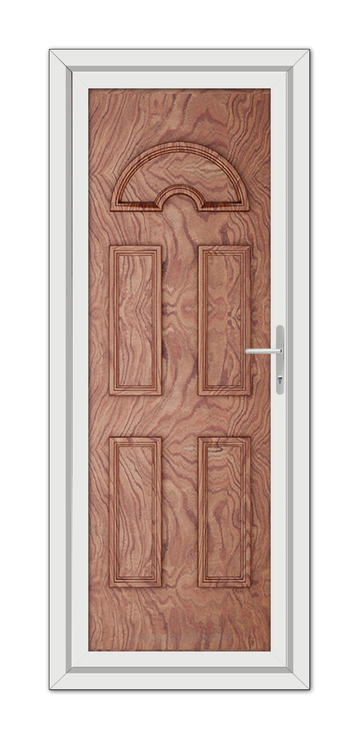 A Solid Oak Sandringham Solid uPVC Door with an arched top panel and three vertical panels, set in a white frame with a simple handle on the right side.