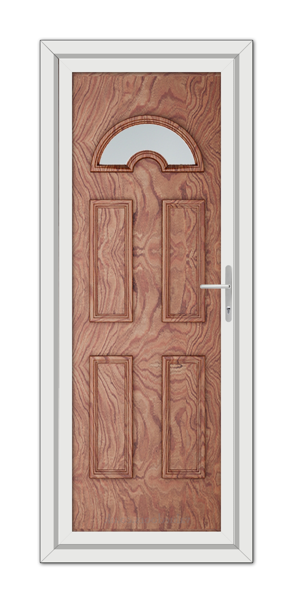 A Solid Oak Sandringham uPVC Door with four panels and a semicircular glass window at the top, framed in white, and equipped with a modern handle.