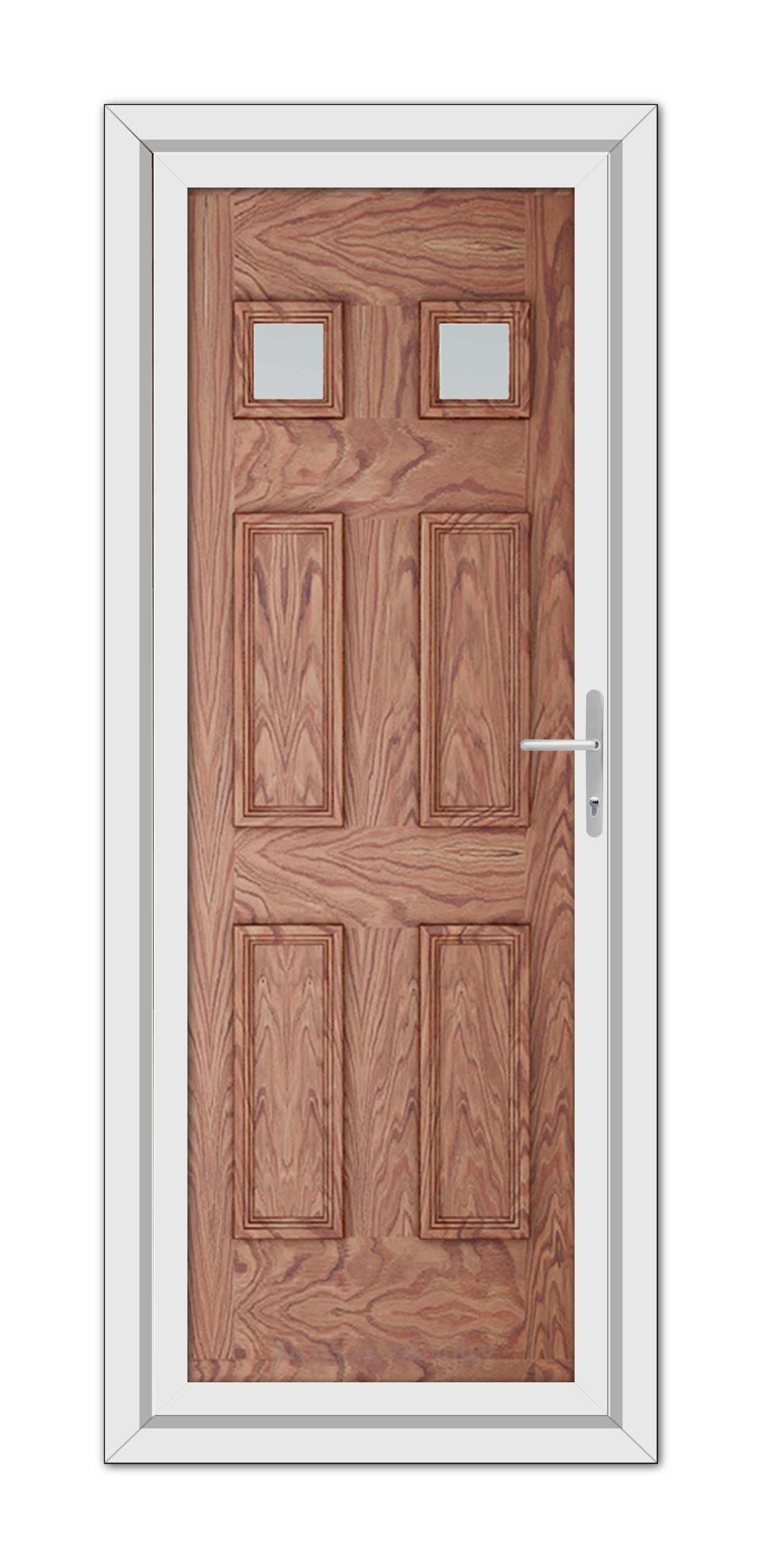 A Solid Oak Windsor uPVC Door with two small square windows near the top and a metal handle, set within a white frame.