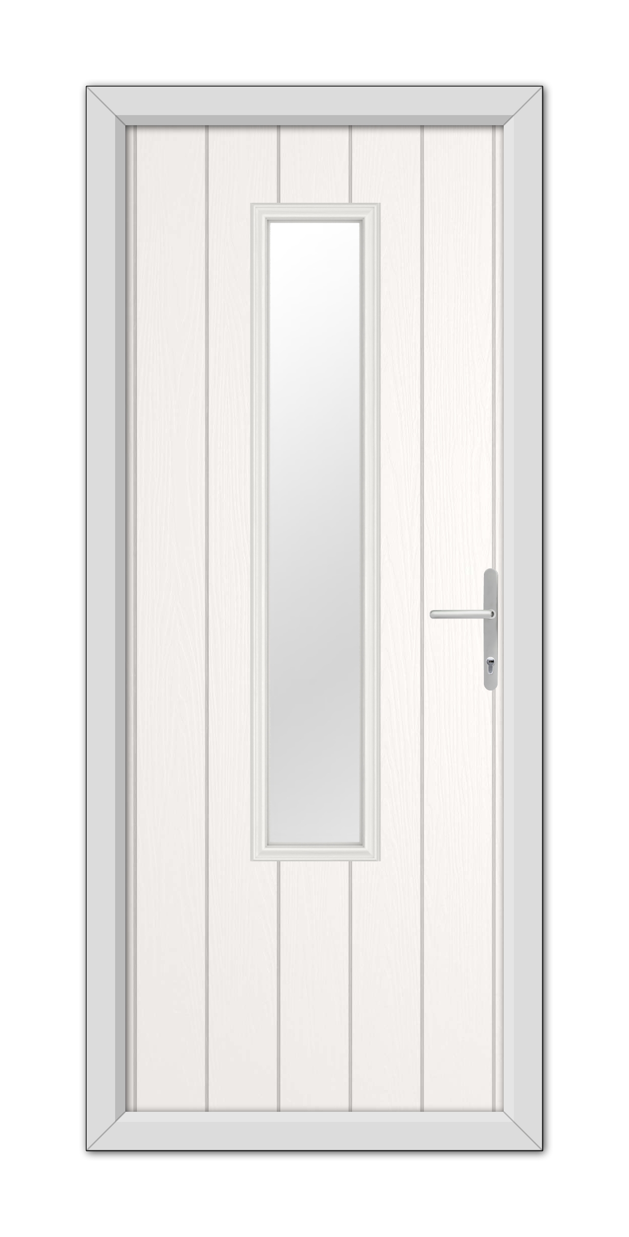 A White Abercorn Composite Door 48mm Timber Core with a vertical glass panel and a modern handle, set within a simple frame, viewed frontally.