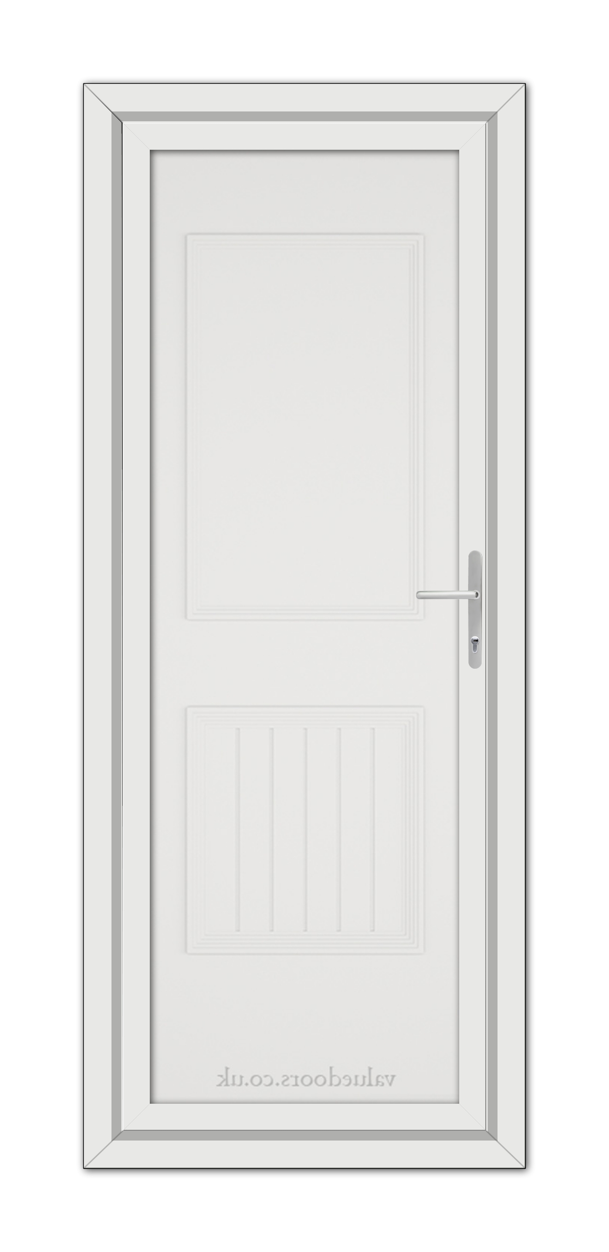 A vertical image of a White Alnwick One Solid uPVC Door with a silver handle, set within a white frame, viewed from the front.