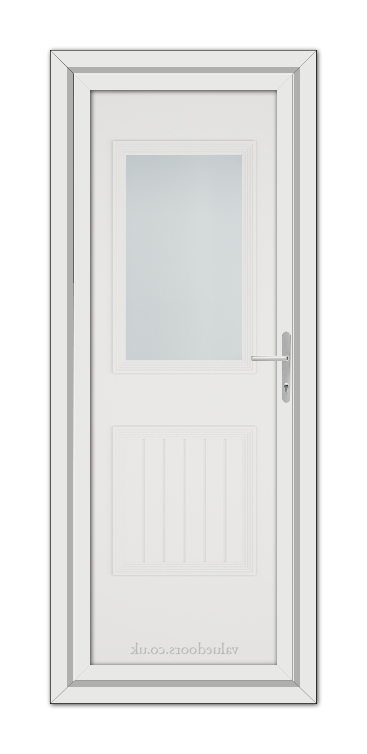 A vertical image of a White Alnwick One uPVC Door with a frosted glass panel at the top and a panel design at the bottom, featuring a silver handle on the right side.